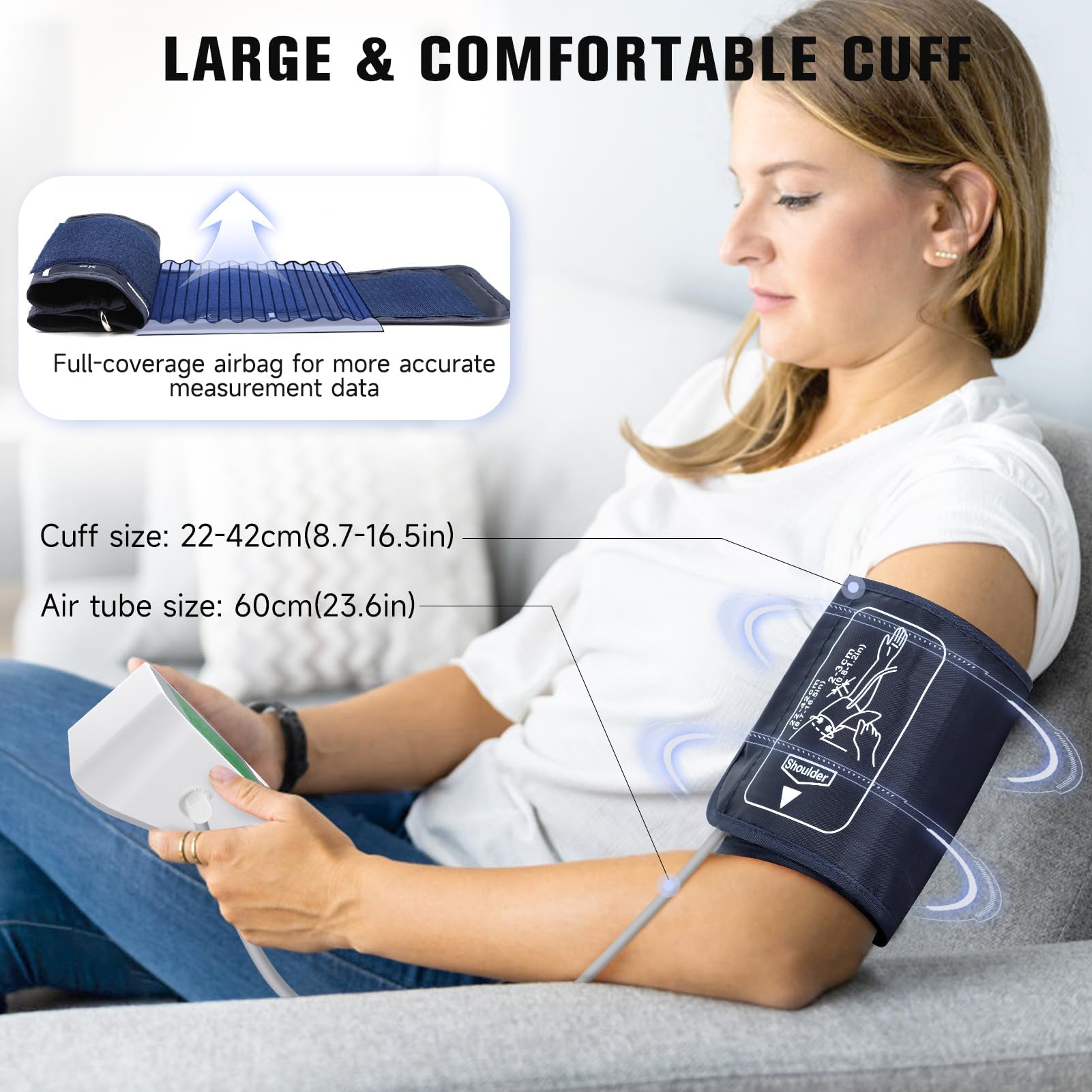 Tensiómetro de Brazo Digital, KKmier Medidor de Tension Arterial Brazo con Brazalete XL 22-42 cm, Máquina para Tomar la Presión y el Pulso Grande Pantalla LCD para 2 Usuarios x 120 Memoria