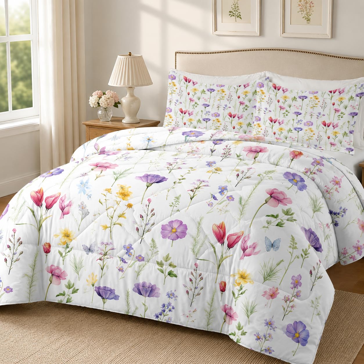LSSLK Pink Florals Super King Duvet Reversible Coverless Duvet SuperKing Size, Soft All Seasons Comforter Machine Washable Microfiber Quilt with 2 Pillowcases, 220x260 cmPurple Flowers