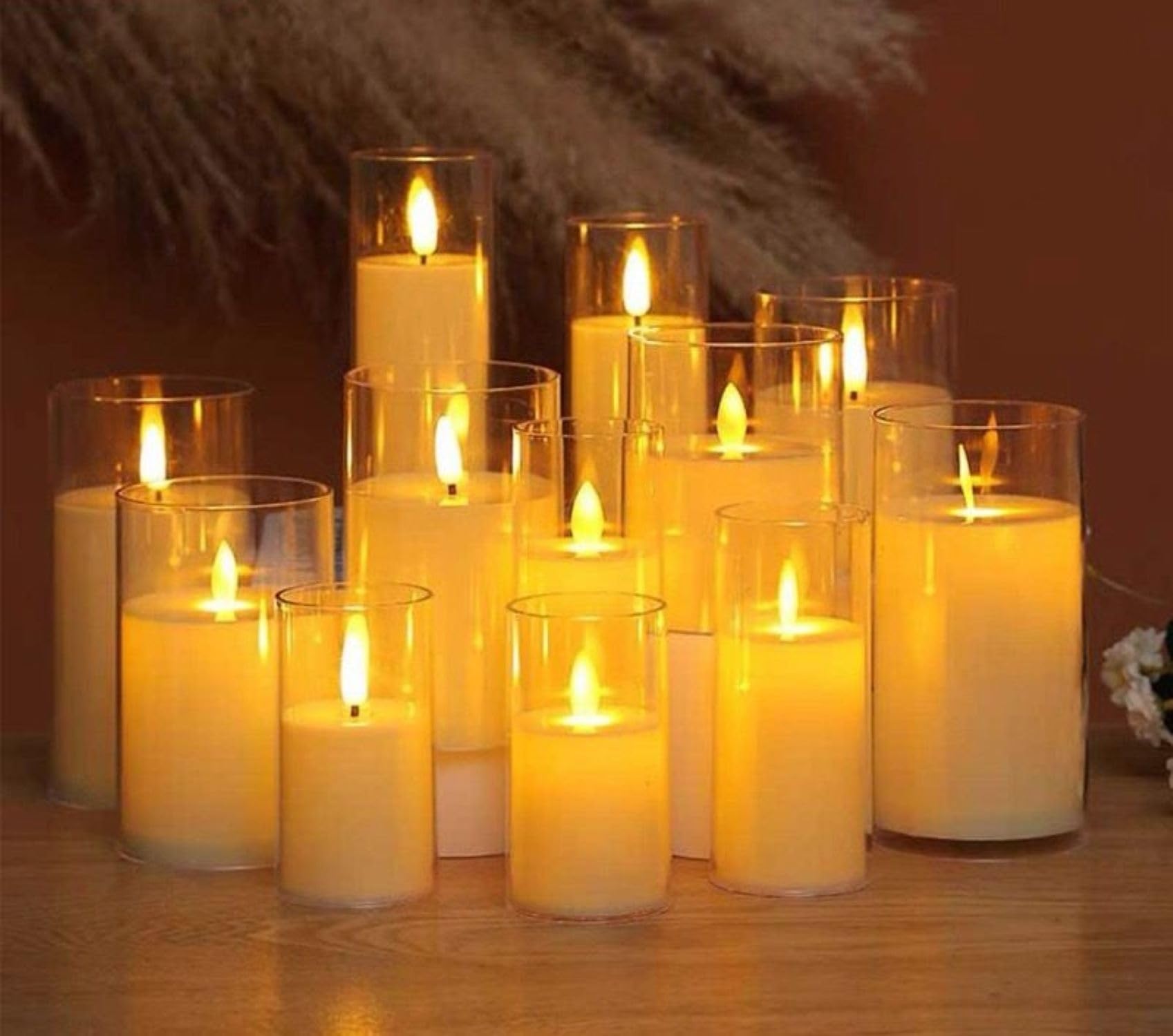Adorazone Acrylic Plastic Battery Operated Glass Look Pillar Candle | LED Light for Home & Decoration| Flameless LED Candles| Golden Acrylic Fiber Glass (6, Small)-image-36