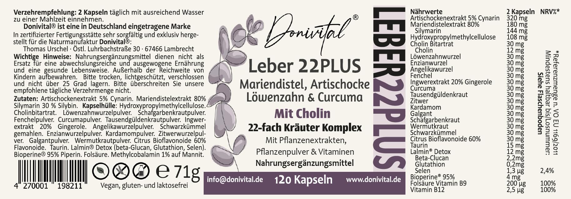 Mariendistel 22-fach Komplex - Testnote SEHR GUT - Leber-Kur-Kapseln 80% Silymarin - Mit Cholin für die Leber - Vitamine und Naturkräuter