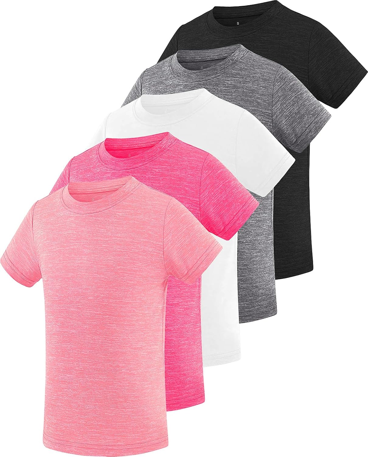 Star Vibe 5 Pack Girl's Shirts Athletic Short Sleeve Dry-Fit T-Shirts Crew Neck Active Sports Tops for Kids Teen 5-14 Years