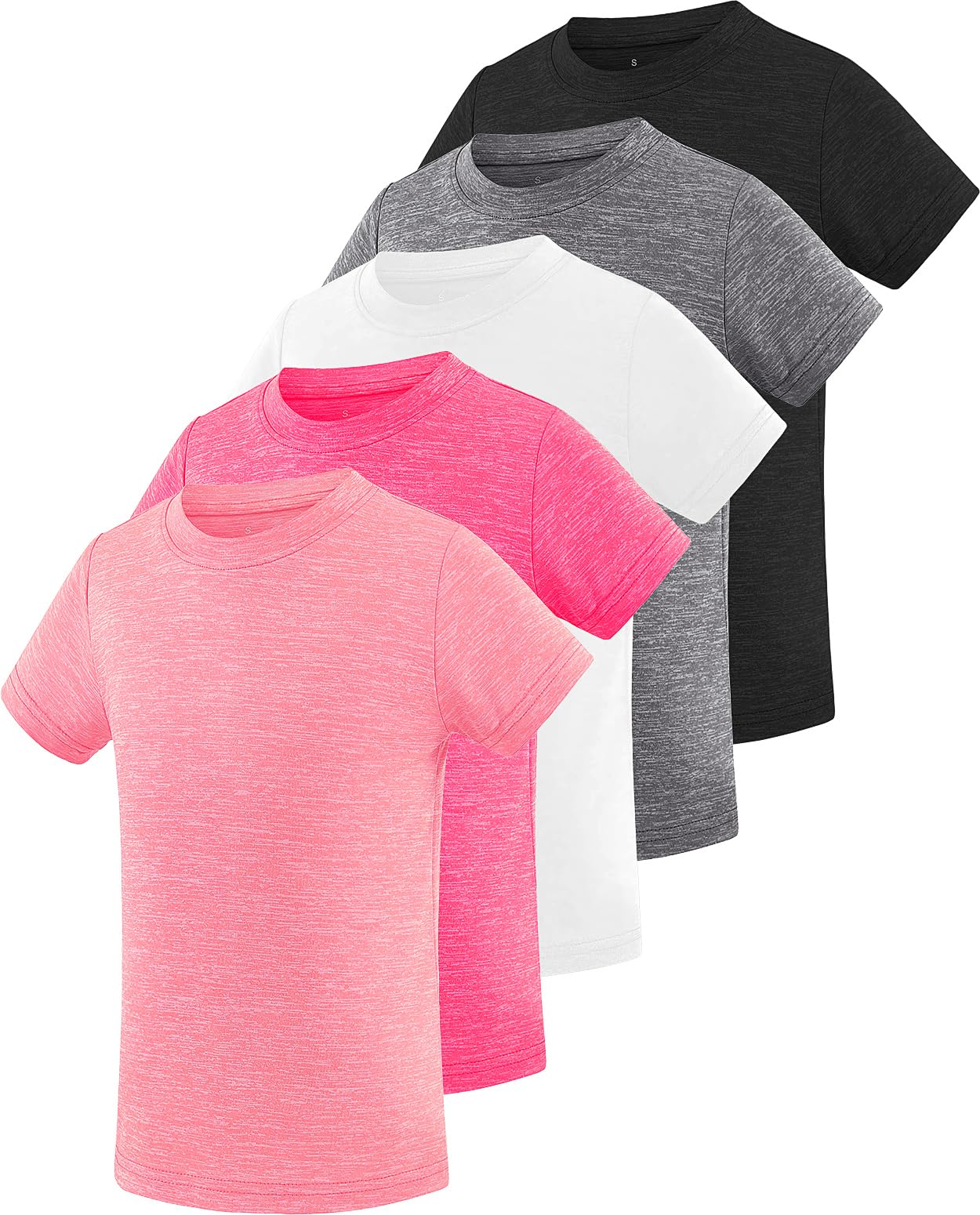 Star Vibe 5 Pack Girl's Shirts Athletic Short Sleeve Dry-Fit T-Shirts Crew Neck Active Sports Tops for Kids Teen 5-14 Years