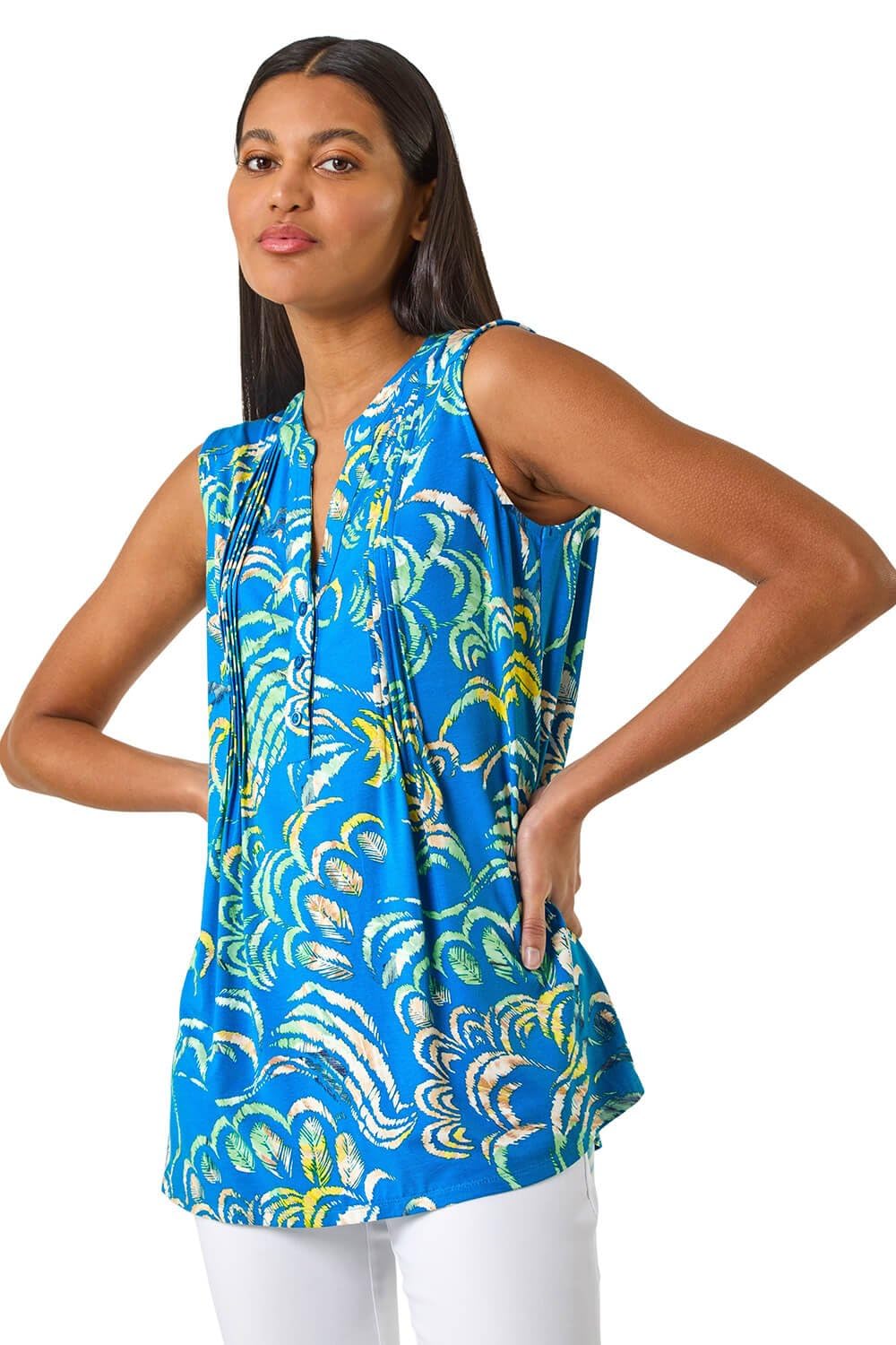 Roman Women's Blue Abstract Print V-Neck Vest In | : Size 12