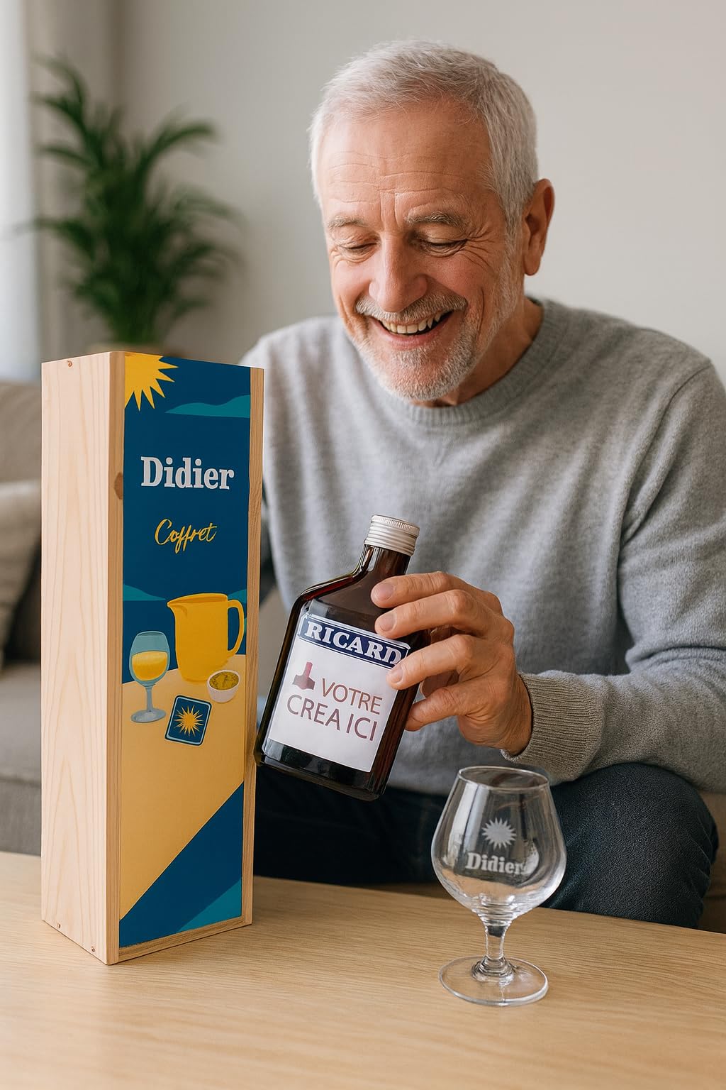 Coffret pastis Bouteille 20cl + verre de 39,5cl - Coffret verre personnalisé et caisse bois pour cadeau unique [ Kit apero a offrir ]