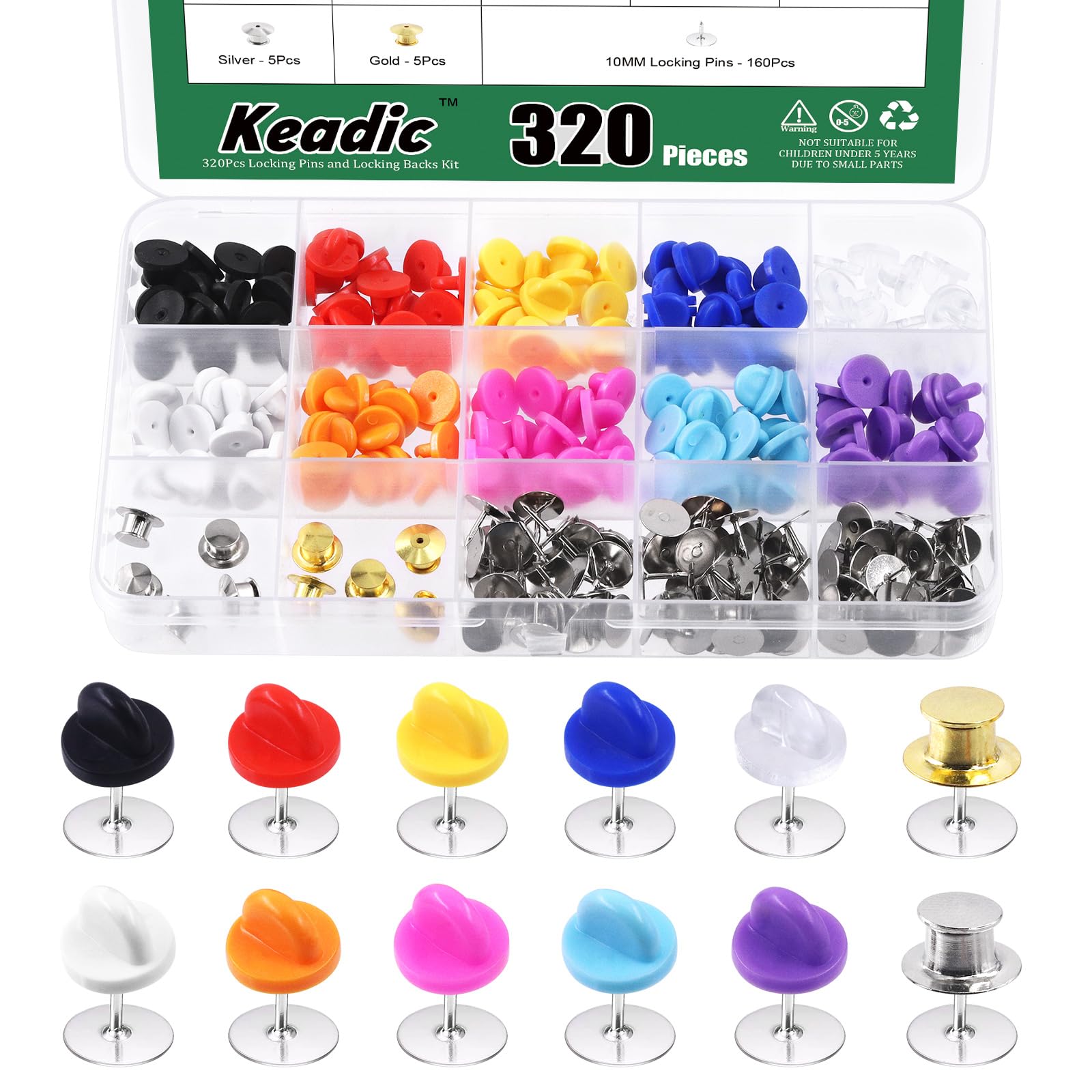 Keadic 320Pcs Tie Tacks Blank Pins with Rubber Pin Keepers Pin Backs, Multicolor Safety Silicone Pin Locks for Brooch Tie Hat Badge Insignia Clasp Lapel Pin