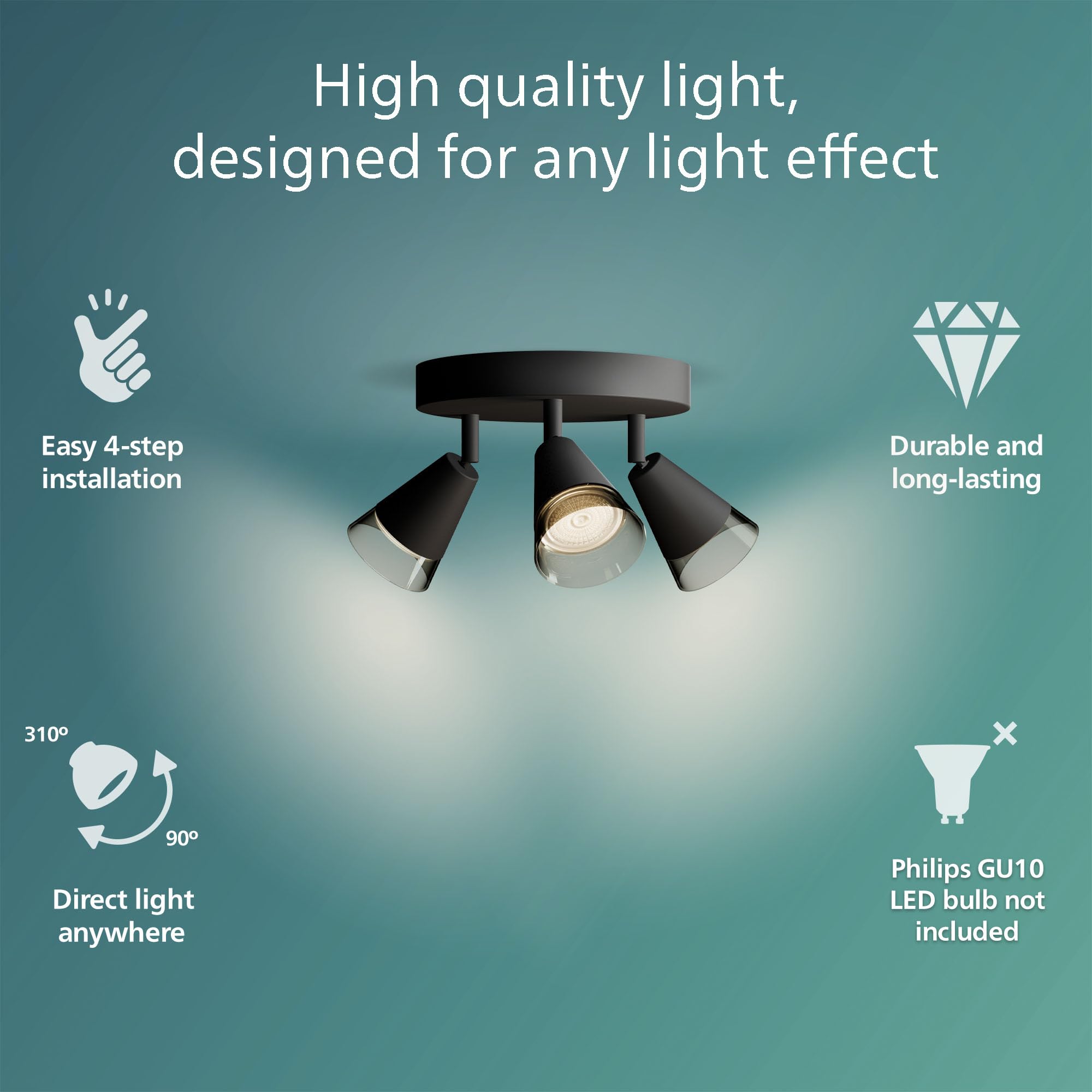 PHILIPS Cleft Spot 3-Head on Round plale, GU10 not Included, Black, IP20 - Image 2