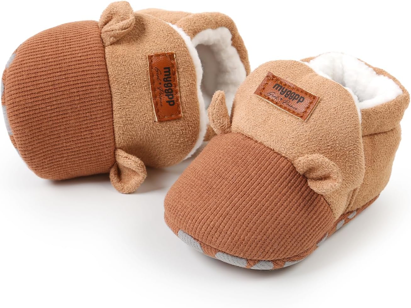 Baby Boys Girls Soft Plush Slippers, Brown, 11CM | Cartoon, Toddler Infant, Warm Winter House, Ribbed Shoes