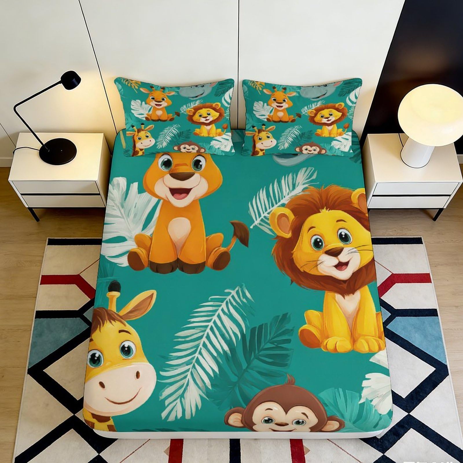 3D Printed Jungle Safari Fitted Sheet Microfiber Soft Animal Lion Giraffe Monkey Bed Cover for Bedroom Decor 90x200x25cm