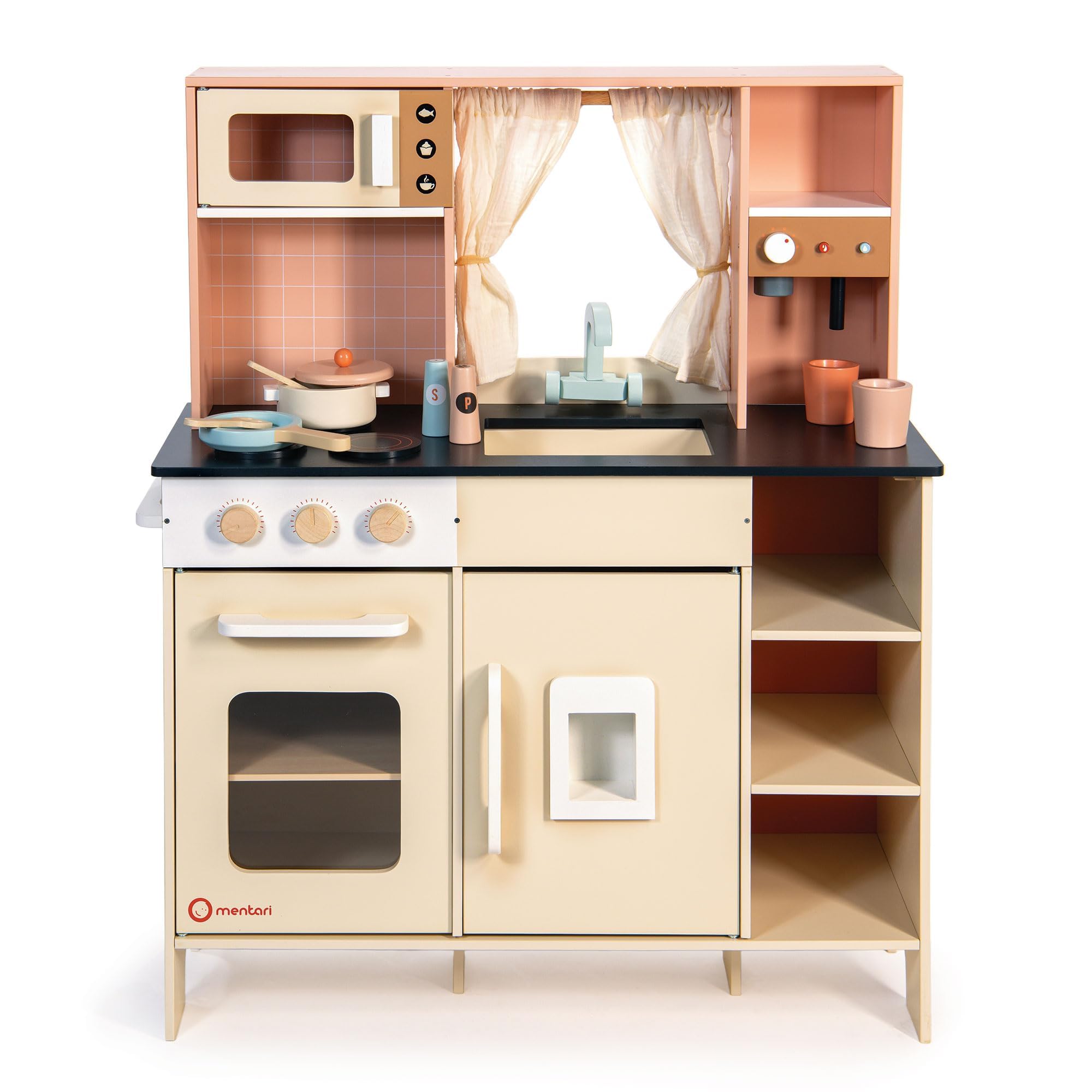 Mentari Toys Cream Play Kitchen drewniany zestaw kuchenny z ekspresem do espresso, dozownik lodu i kuchenka mikrofalowa, dla dzieci, pobudza wyobraźnię i umiejętności motoryczne