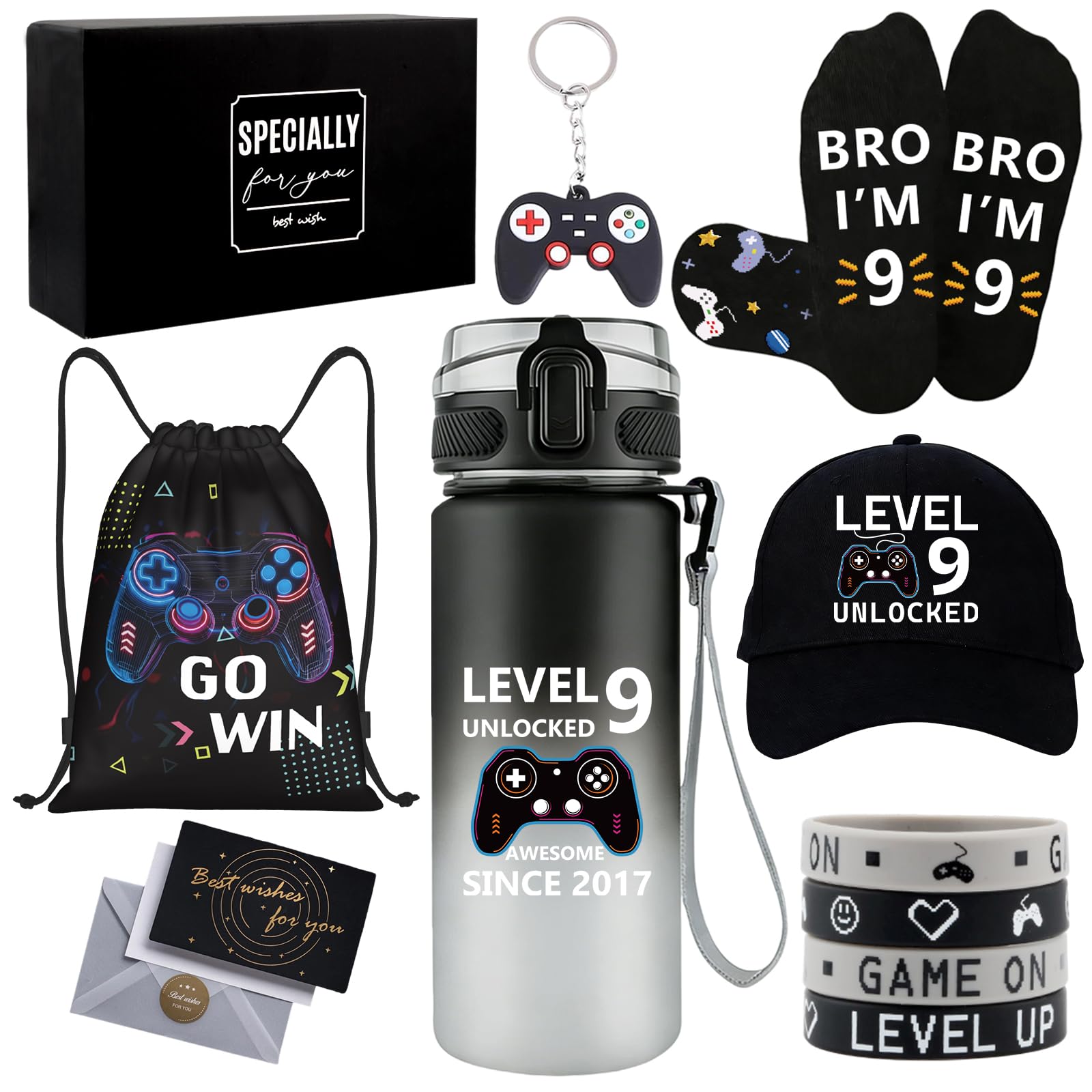 9 Year Old Boy Gifts, Birthday Gifts for 9 Year Old Boys, Cool Game Theme LEVEL 9 UNLOCKED Gift Set with Water Bottle Baseball Cap Socks Bag Keychain Wristbands, 9th Present for Son Grandson Nephew-image-41