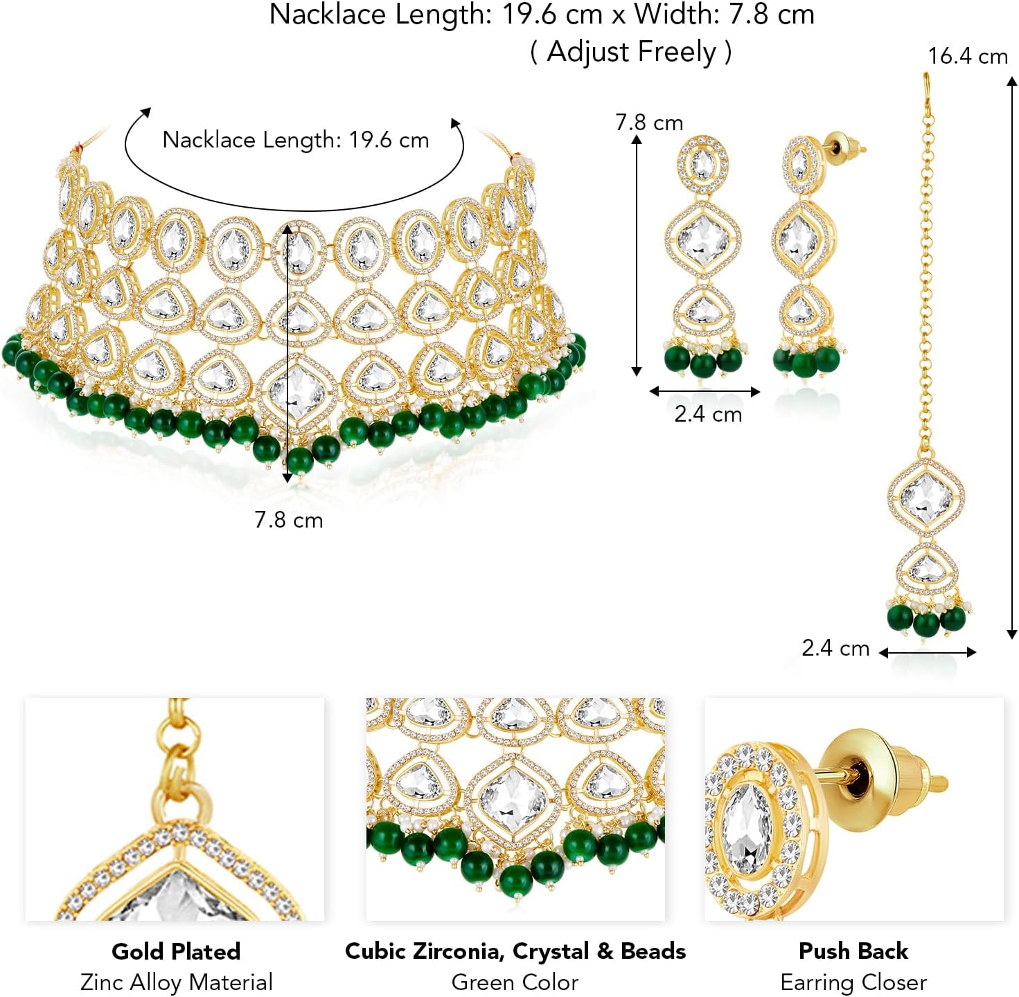 Aheli Cubic Zirconia Crystal & Blue Beads Studded Necklace Dangle Earrings Maangtikka Ethnic Jewellery Set for Women Design 1