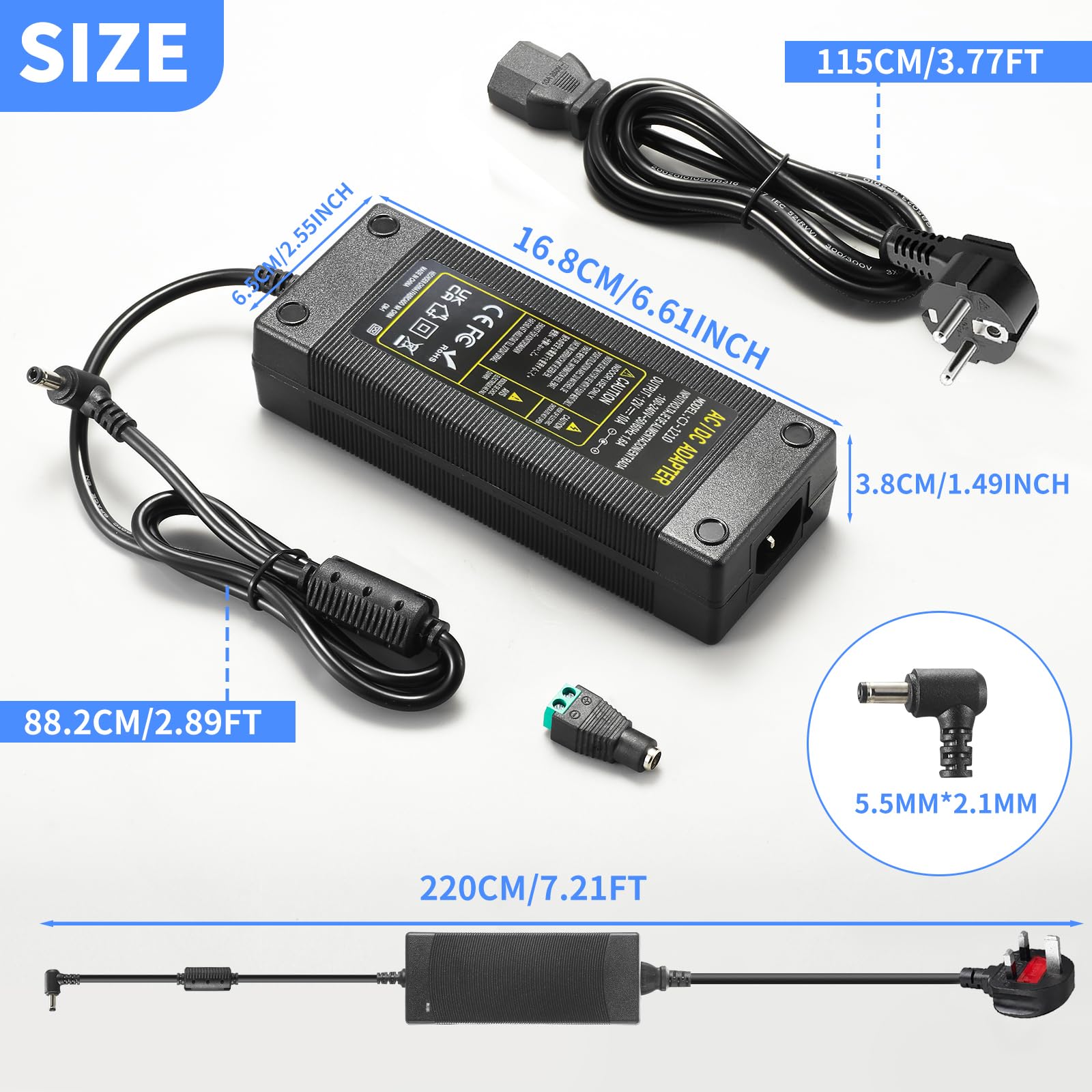 12V 10A Netzteil Adapter, AC 100-240V bis DC 12V 10A 120W Spannungswandler Netzadapter Konverter LED Trafo Transformator Stromversorgung 5,5 mm x 2,5/2,1 mm Stecker für LED Streifen CCTV-Kamera