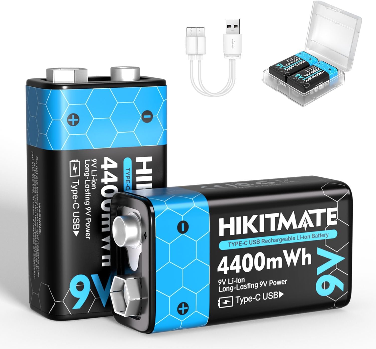 2-Pack Rechargeable 9V Lithium Batteries USB C, 4400mWh 9 Volt Li-ion Battery for Smoke Detector Alarms, 6F22 Square 9V Batteries 2H Fast Charge & 10-Year Shelf Life - Amazon product rated Grade B