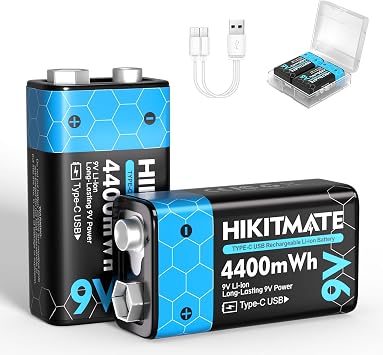 2-Pack Rechargeable 9V Lithium Batteries USB C, 4400mWh 9 Volt Li-ion Battery for Smoke Detector Alarms, 6F22 Square 9V Batteries 2H Fast Charge & 10-Year Shelf Life