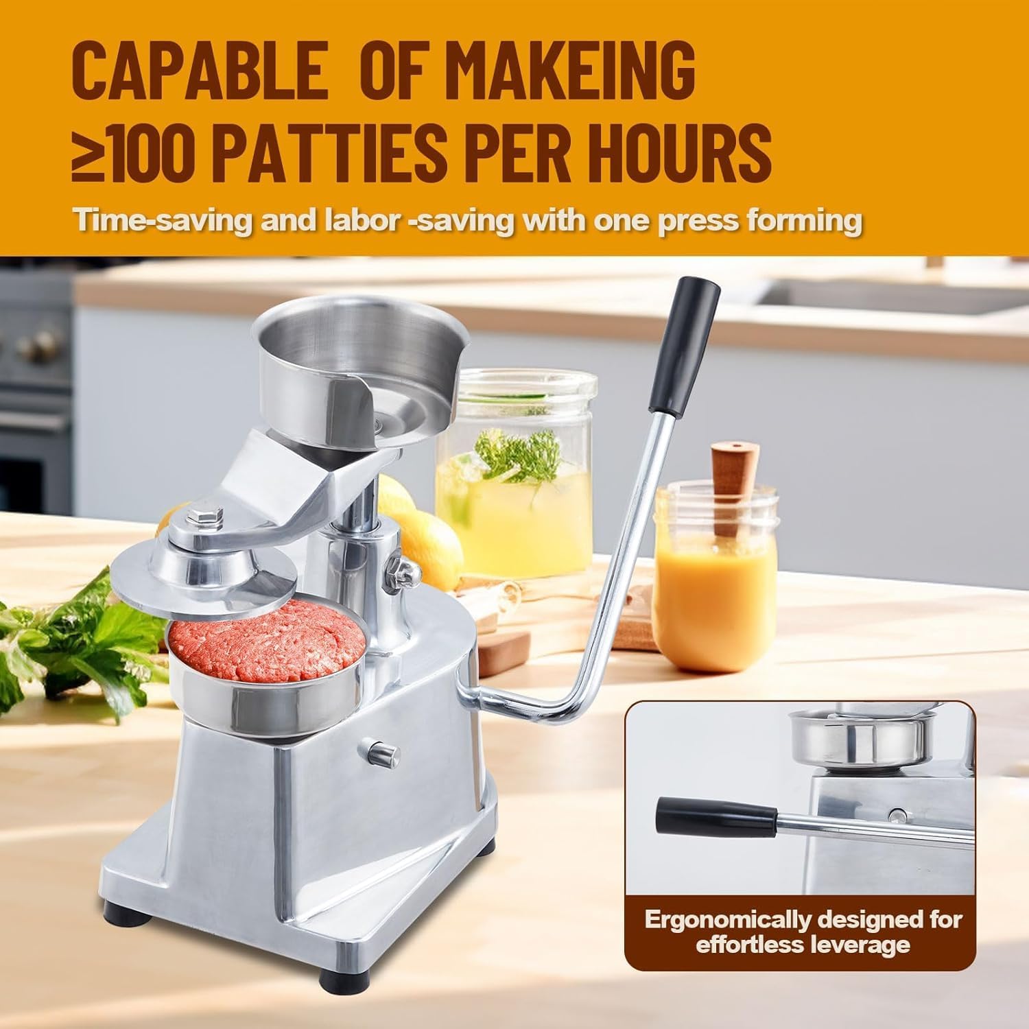 Heavy Duty Burger Patty Maker, 4-Inch Stainless Steel Hamburger Press, Commercial Meat Forming Machine with 1000 Patty Paper, Ideal for Kitchen & BBQ