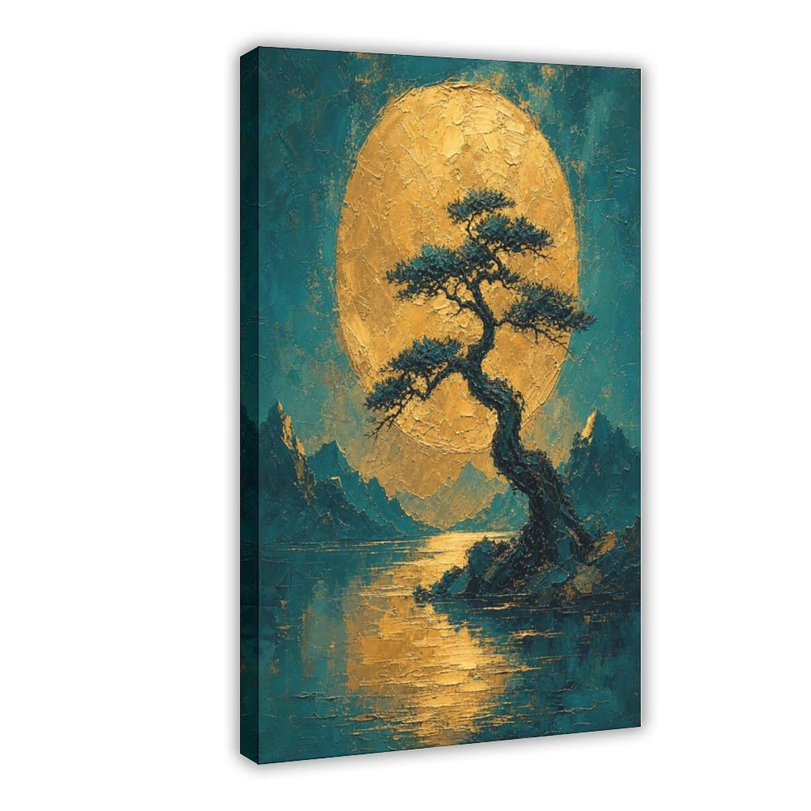 H3b8u2y5 Frame-Style Golden Moon Pine Landscape Canvas Wall Art, Dorm Room
