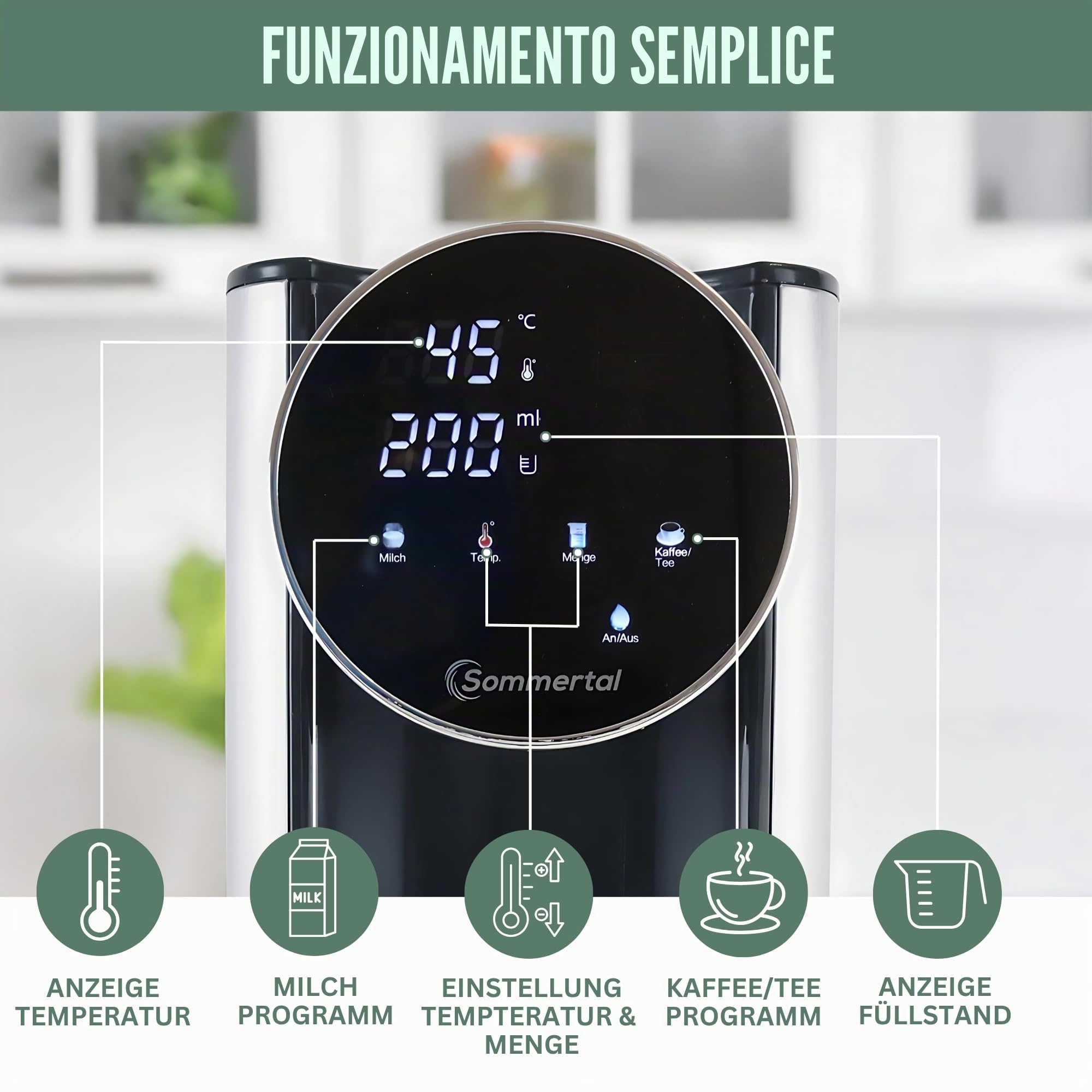 Sommertal HW400 - Dispenser di acqua calda Businessline, versione XXL con serbatoio da 4 l, acqua calda istantanea 45-100 °C, display touch, alimenti per bambini