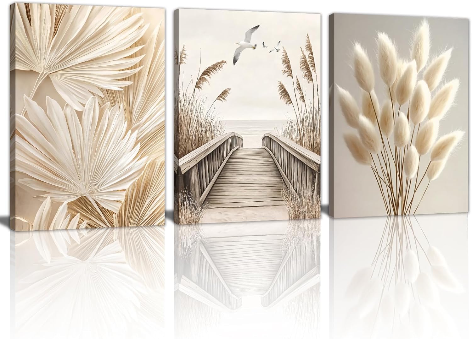 3 Pcs Beige Reeds Botanical Framed Canvas Wall Art Neutral Palm Fronds Wall Paintings Quiet Beach Landscapes Art Prints Picture Home Decor for Bedroom Living Room Office Reay to Hang 16"x24"x3Pcs