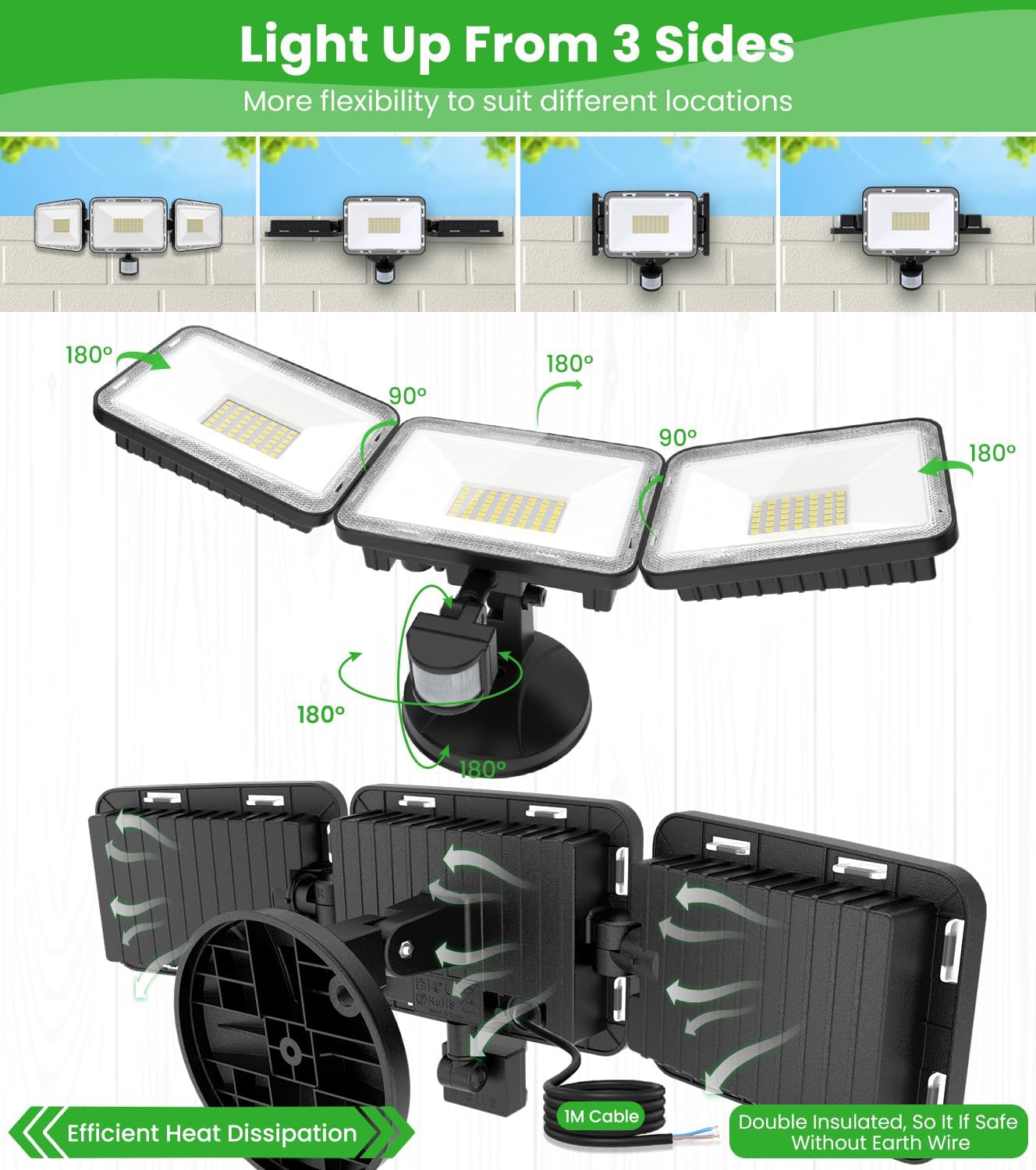 CLY 70W LED Security Lights Motion Sensor Light Outdoor, 6580LM 3 Head Motion Detection Outdoor Lights 6500K IP66 Waterproof, Dusk to Dawn, Flood Light Motion Detector for Entryway Yard Garage
