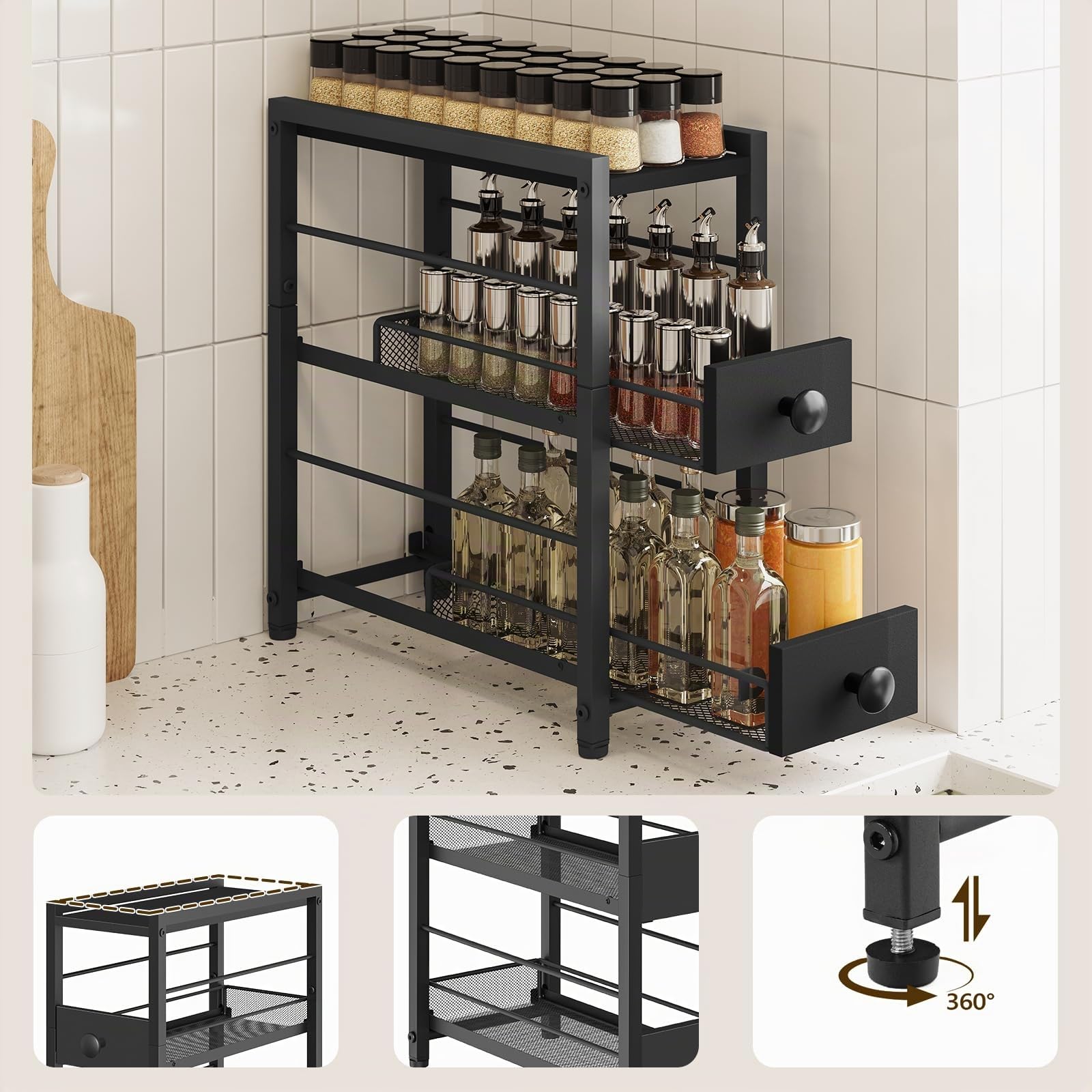 YATINEY Étagère à Épices à 3 Niveaux, Organisateur Étroit pour Plan de Travail de Cuisine avec 2 Tiroirs, Rangement Café avec Tiroirs Coulissants, pour Capsules de Café, XSR02BB