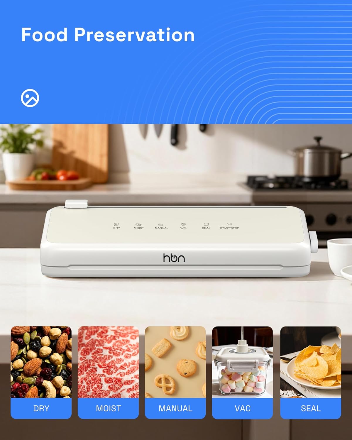 HBN Vacuum Sealer Compact Food Vacuum Sealer Machine Automatic Kitchen Food Sealer Countertop Double Heat Seal Built-in Cutter with 1 Roll & 20 Bags - Image 6
