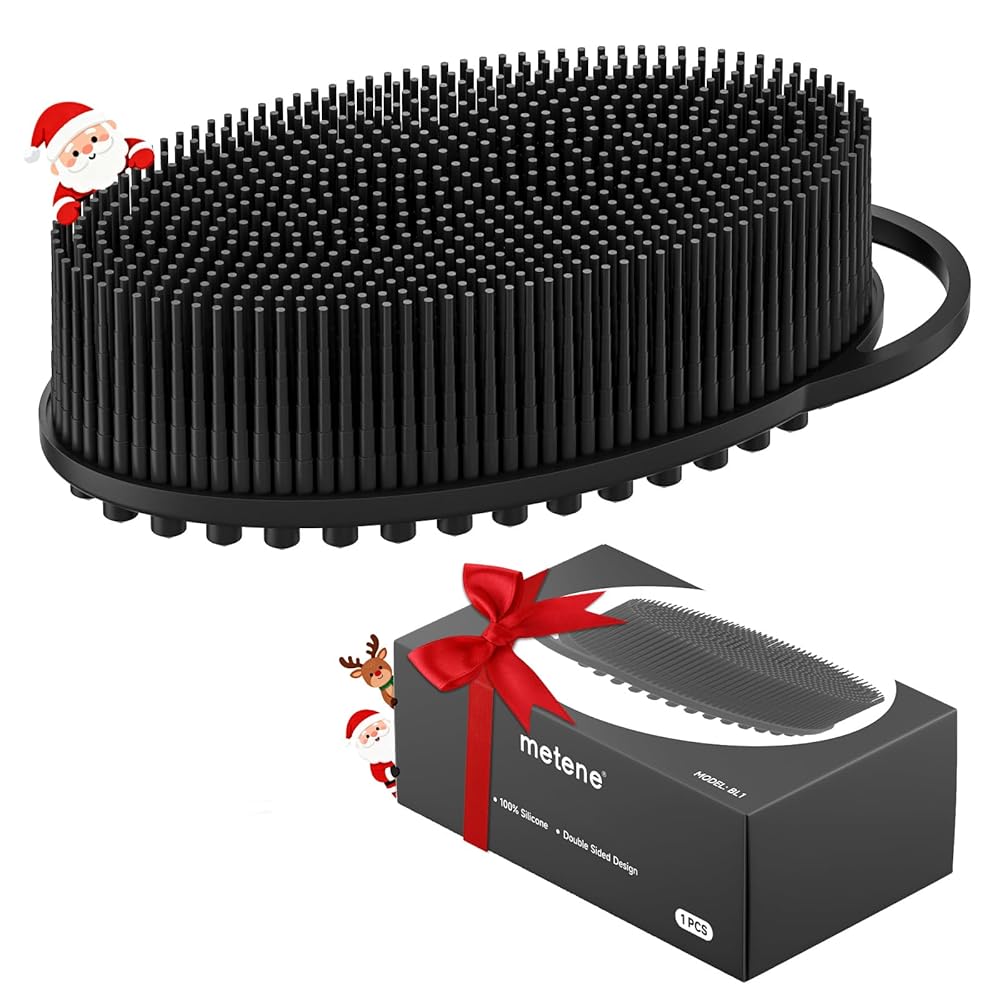 Metene Silicone Exfoliating Body Scrubber with Loop, Body Scrubber for Men and Women, Silicone Loofah for Shower, Soft Silicone for Shower and Bath Skincare Routine (Black)