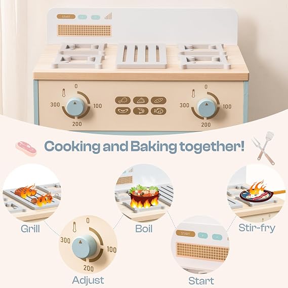 ROBUD Wooden Kids Oven, Realistic Wooden Play Kitchen Set, Pretend Play Kitchen Accessories Toy Kitchen Set for Kids with Cupcakes, Pizza, Tray Best Gift for Boys & Girls