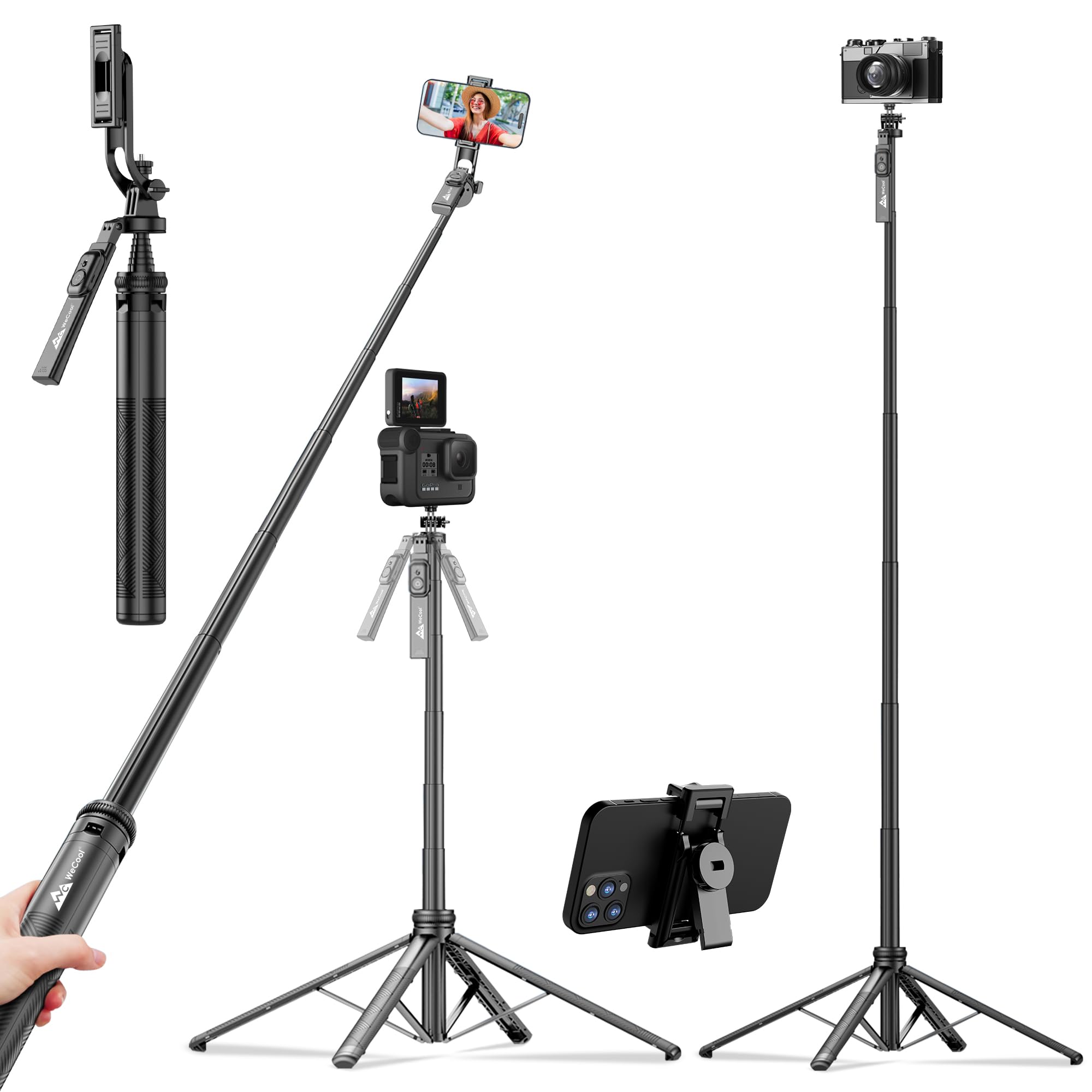 wecool selfie stick extendable upto 71" with quadripod stand with detachable bluetooth remote,phone tripod with 360° rotatable handle for vlogging