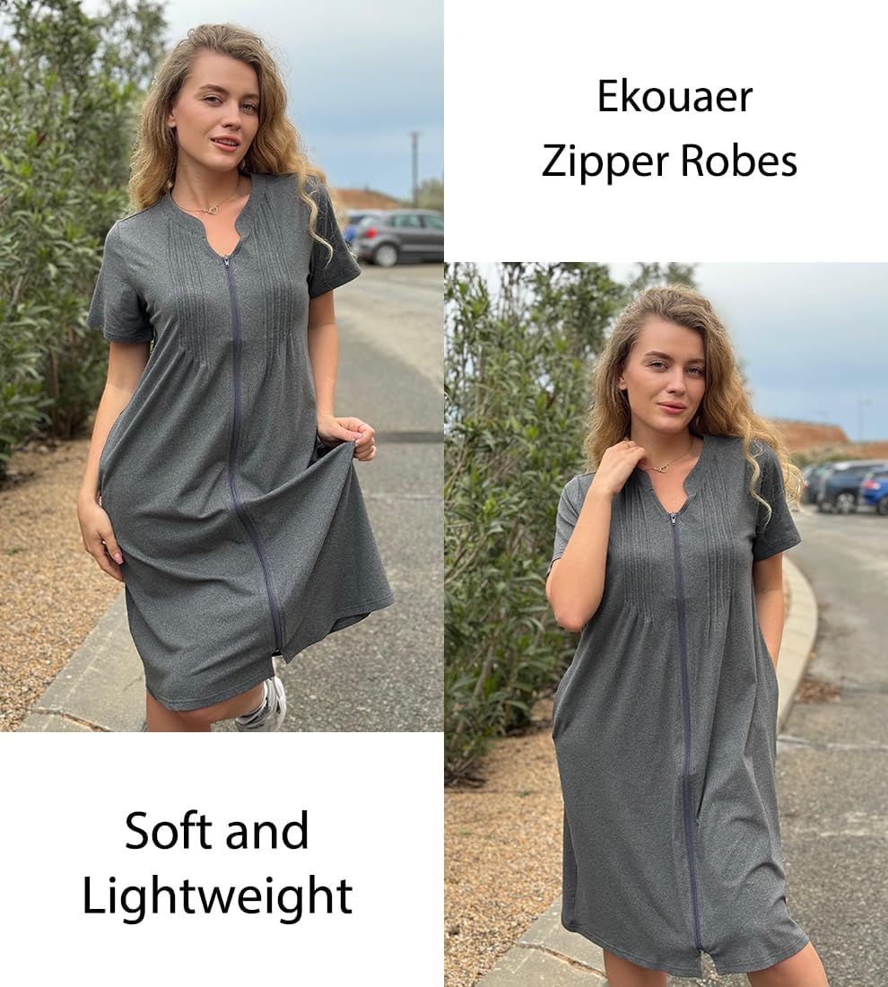 EKOUAER Women Zipper Robes Short Bathrobe Lightweight Mumu Duster House Coat with Pockets Soft Moo Moo Nightgown - Image 4