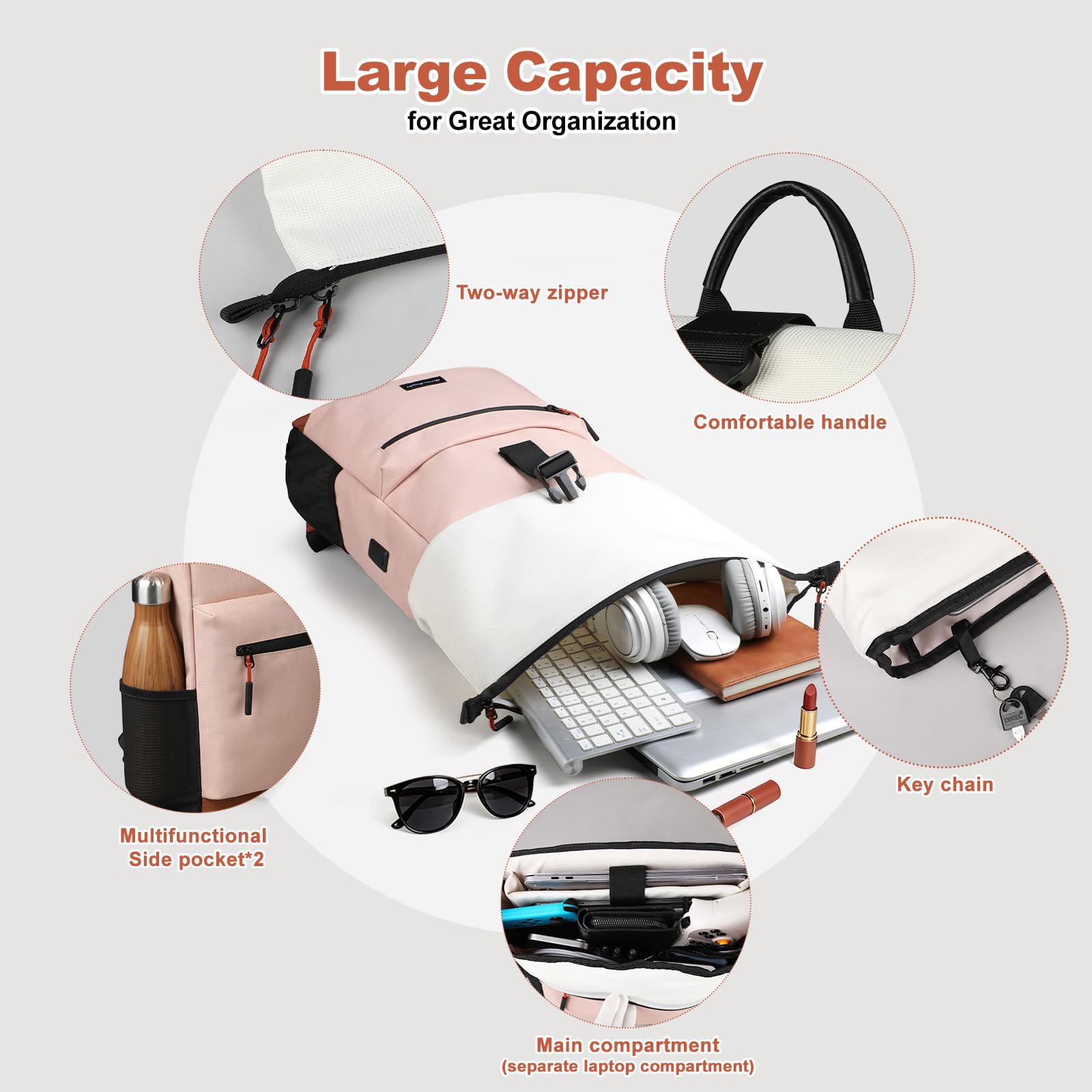 hk Mochila Roll Top para Mujer, Mochila Portátil para Laptop de 17 Pulgadas | Mochila Impermeable con Puerto USB A&C, Mochila Antirrobo Expandible 18-26L para Trabajo Universidad Viajes y Uso Diario,Rosa