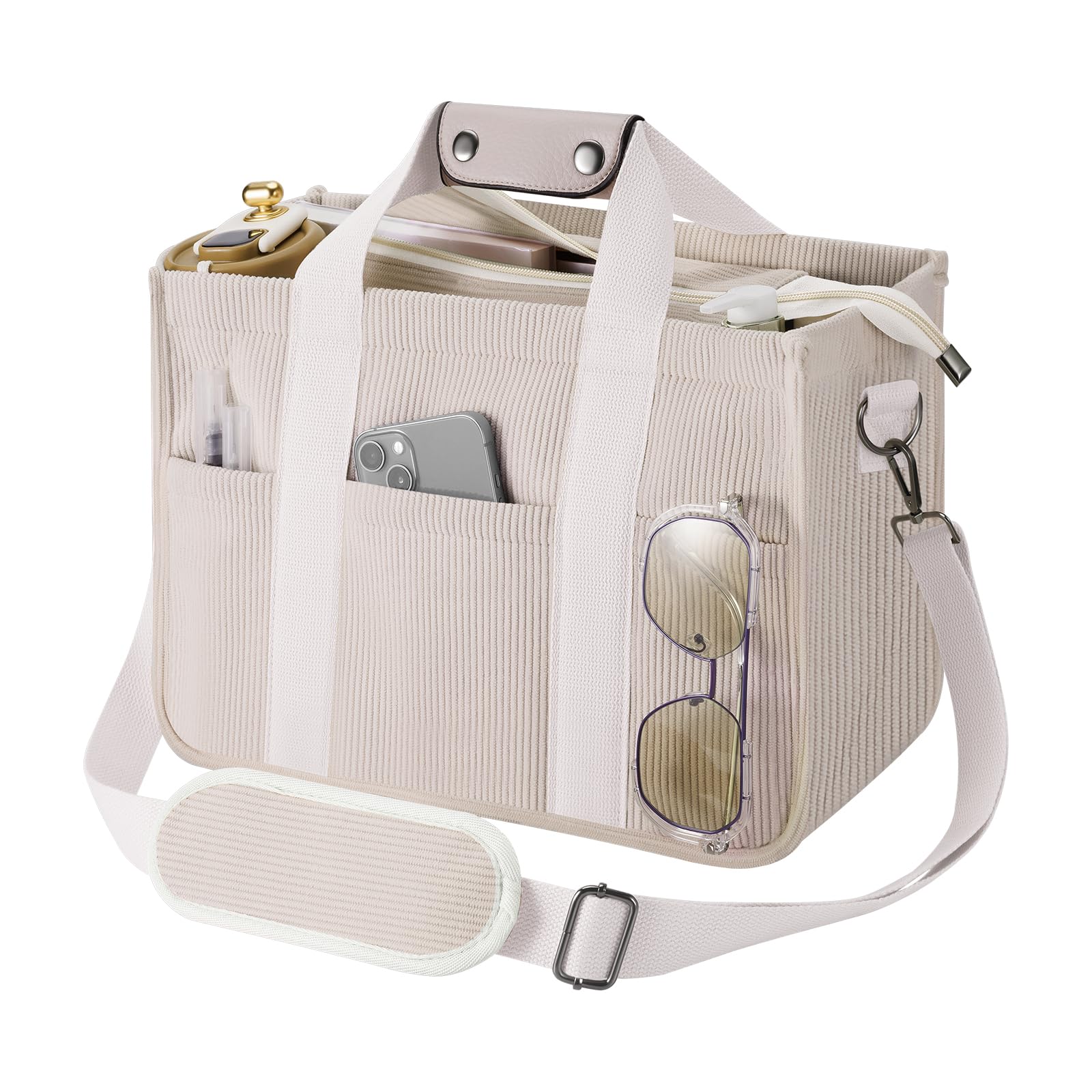 JIECH Corduroy Tote Bag with Zipper Women Large Crossbody Tote Purse with Multi Pockets Everything Handbag Everyday Satchel Bag