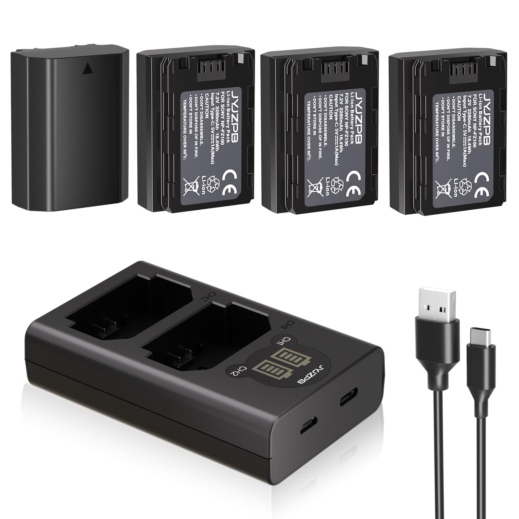 JYJZPB 4-Pack NP-FZ100 Battery for Sony A7iv, A7iii, A7C, A1, FX3, FX30 | A6600, A6700, ZV-E1, ZV-E10ii, A9, A9S, A7R iii, A7R iv, A7rv Camera, Upgraded Rapid Dual Charger with Type-C Cable, 2280mAh