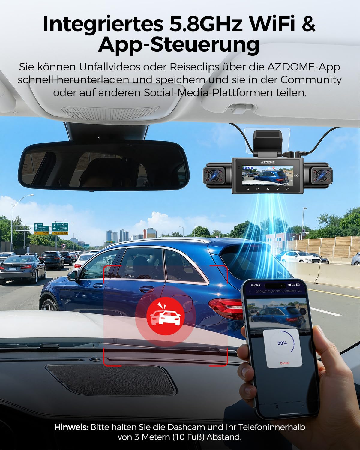 AZDOME Dashcam Auto 4 Kanal 360 Grad Dashcam mit Apple Find My (nur iOS), 5.8GHz WiFi, 64-GB-Karte, 2.5K+3 * 1080P Dashcam, IR Nachtsicht, Parkmodus, Erinnerung bei Müdigkeit am Steuer(M350)