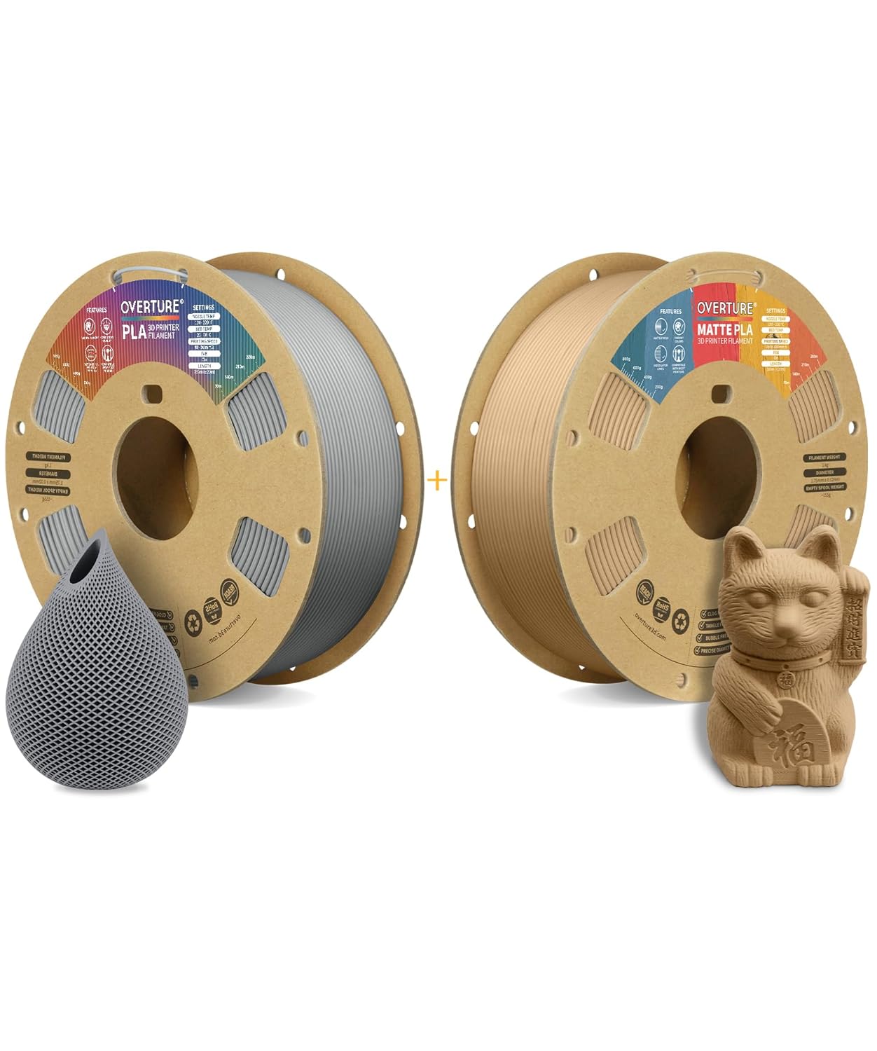OVERTURE Light Gray PLA and Brown Matte PLA Filament fit Most FDM 3D Printers, 1kg per Spool, Pack of 2
