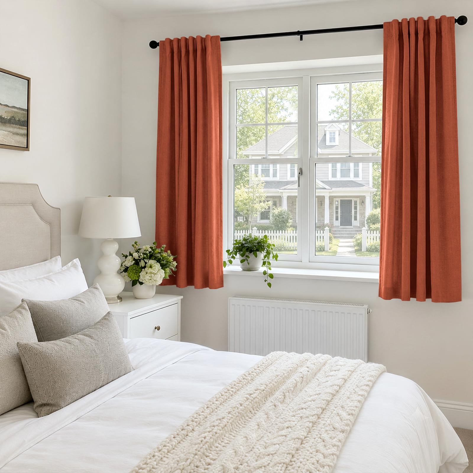 Lot de 2 rideaux 100 % occultants pour chambre à coucher, rideaux en faux lin à isolation thermique avec anneaux à clip et passe-tringle, pour salon ou salon (127 x 160 cm, orange)