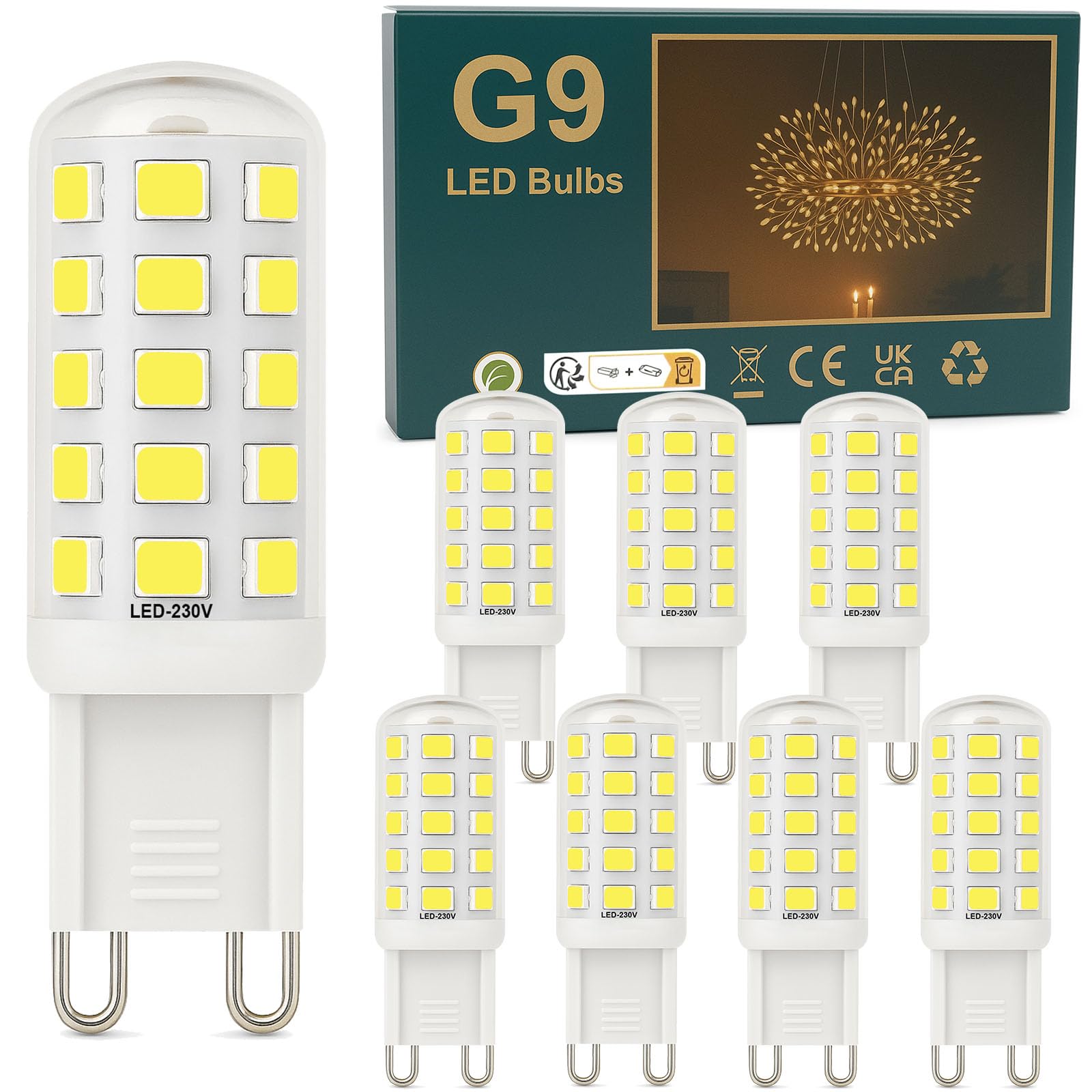 Ugvmn 3W G9 LED Bulbs Cool White 580LM, 6000K Energy Saving Light Bulbs Equivalent to 40W Halogen, No Flicker Capsule GU9 LED Bulb for Home Lighting Decor, Chandelier, Not Dimmable, 220-240V,8 Pack
