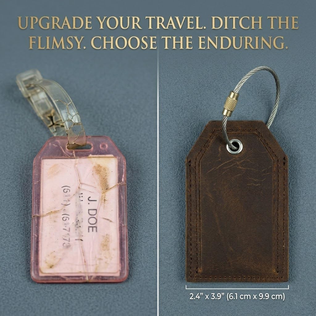 Genuine Leather Set of 2 Luggage Tag with Full Back Privacy Name ID Card Stainless Steel Loop Suitcase Labels Identifiers Baggage Tags Luggage for Women Men Travel (Coffee)