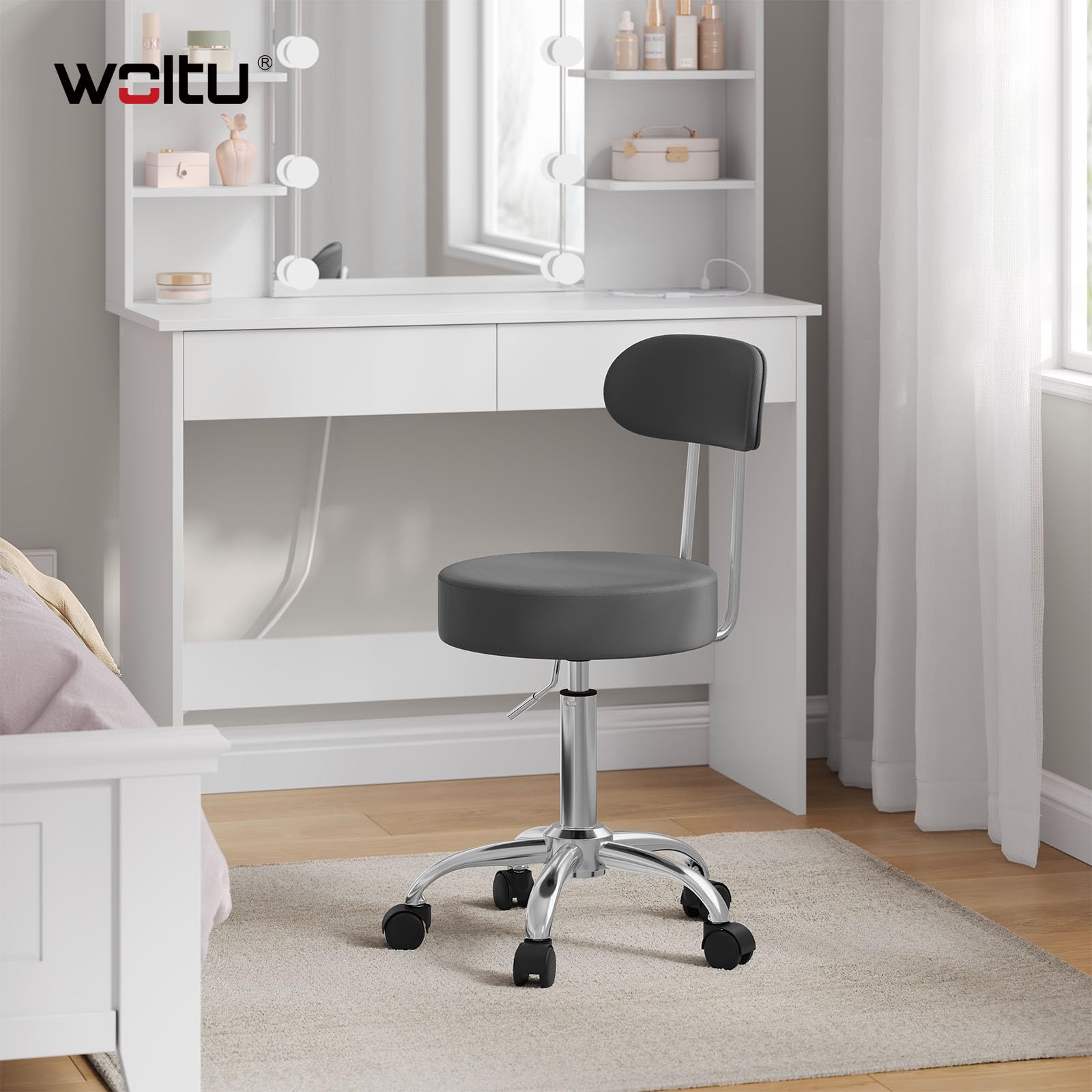 WOLTU Rollhocker Schminkhocker Hocker höhenverstellbar mit Rollen & Lehne Grau Arbeitshocker 360° Drehhocker Bürostuhl Kosmetikhocker für Werkstatt, Schönheitssalons, Studios, Tätowierungen