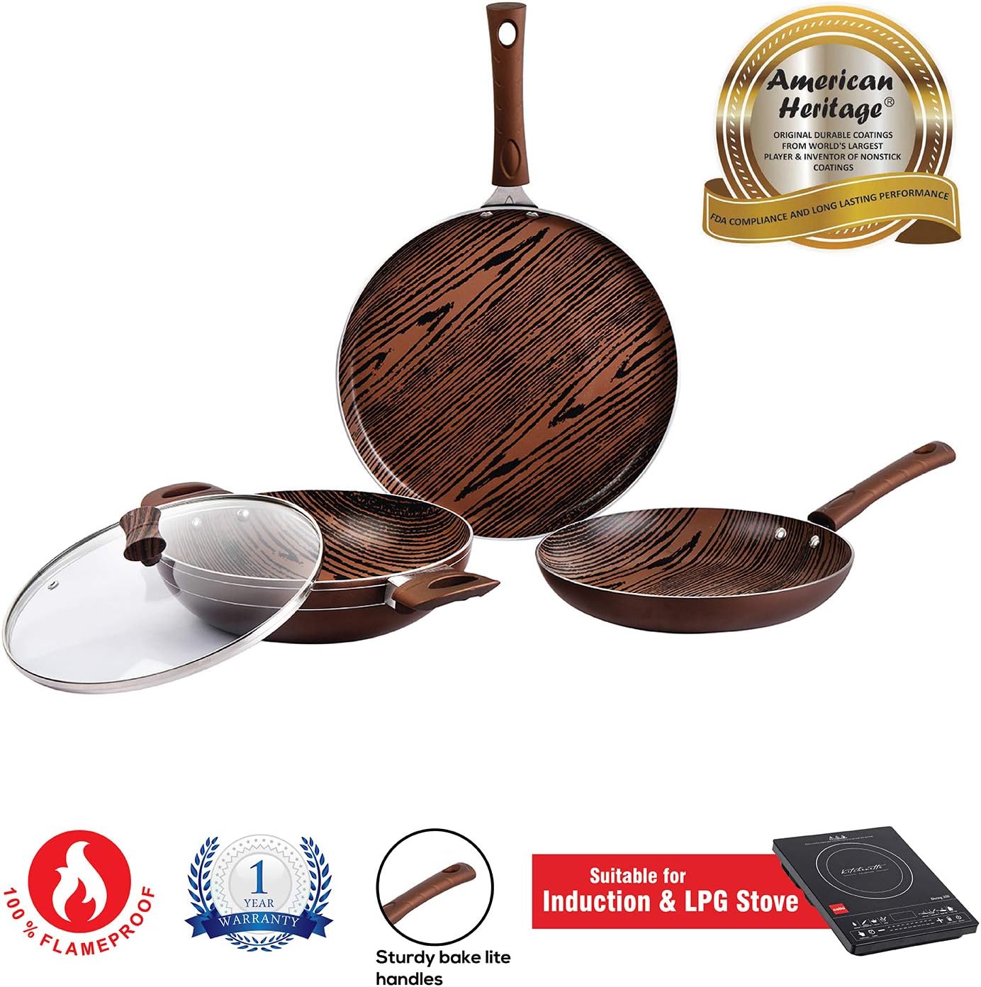 Cello Aluminium Induction Base Non-Stick Cookware Set, Brown, Woody