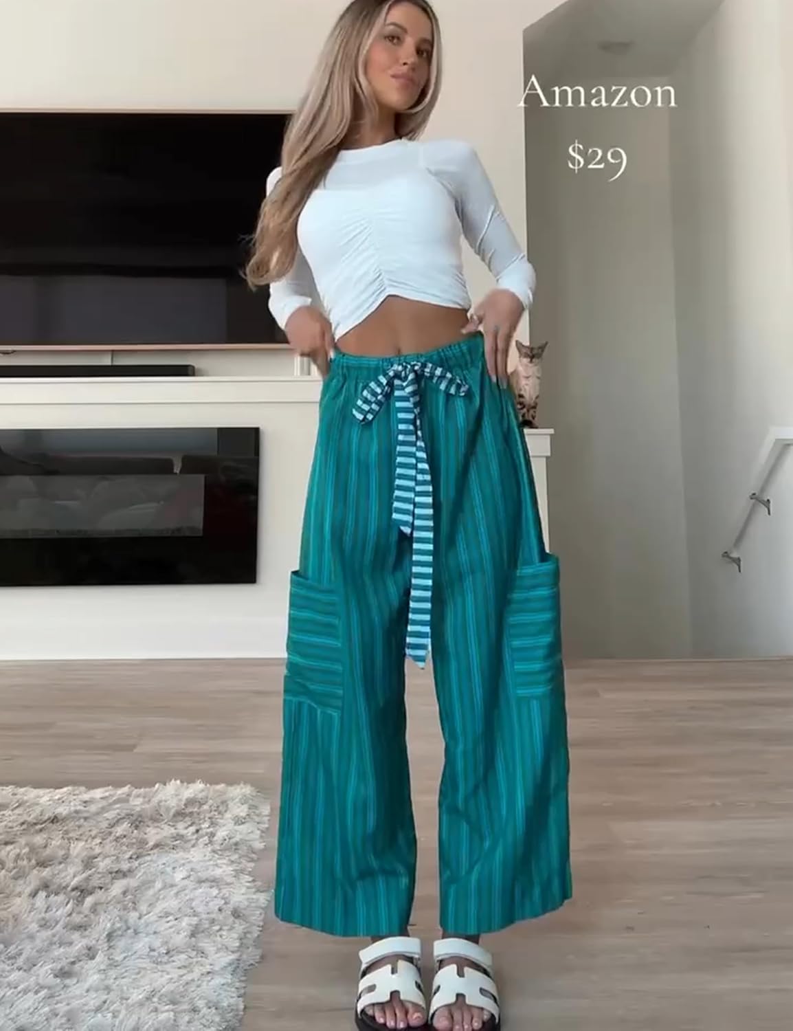 Bankeng Women Drawstring Striped Pants Loose Wide Leg Lounge Pants Casual Palazzo Pants Trousers with Pockets - Image 4