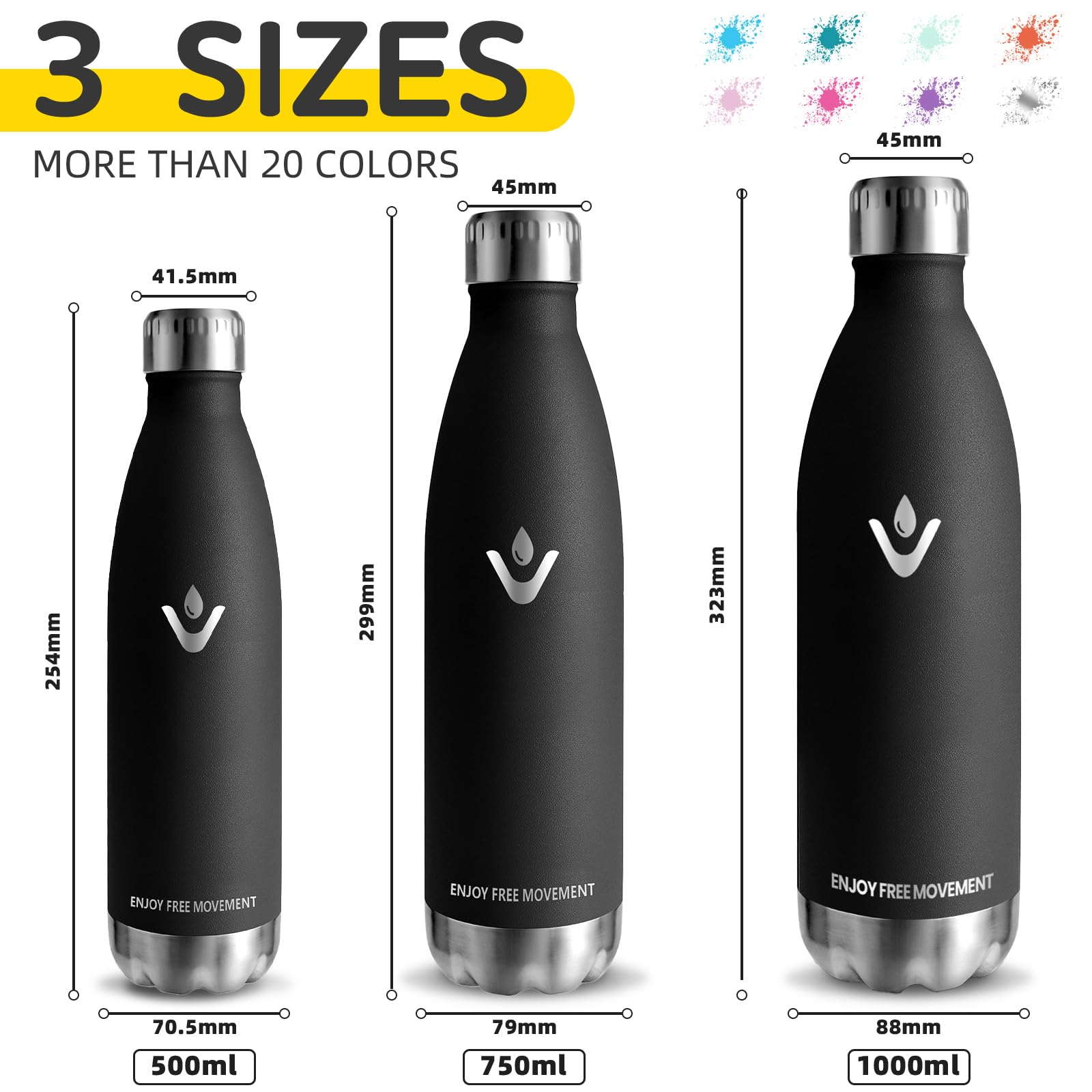 Borraccia- 750 ml- Borraccia Termica, Senza BPA, Borraccia Acciaio Inox, Senza Perdite, Borracce Termiche, Acciaio Inossidabile 18/8, Borraccia Metallo, Facile da Trasportare, per Fitness, Corsa, Nero