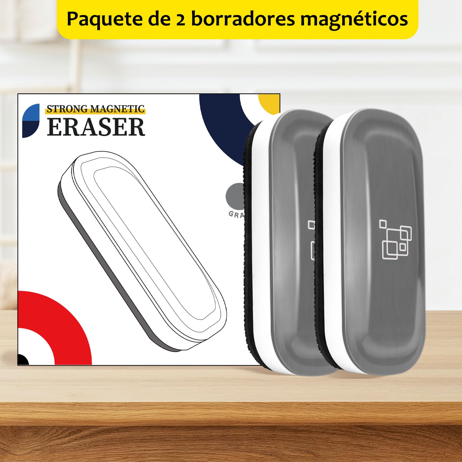 maxtek Borrador Pizarra Blanca Magnetico, 2 Piezas Borrador Pizarra Blanca con Imanes Fuertes, Diseño Ergonómico, para Escuela, Oficina y Hogare(Gris)