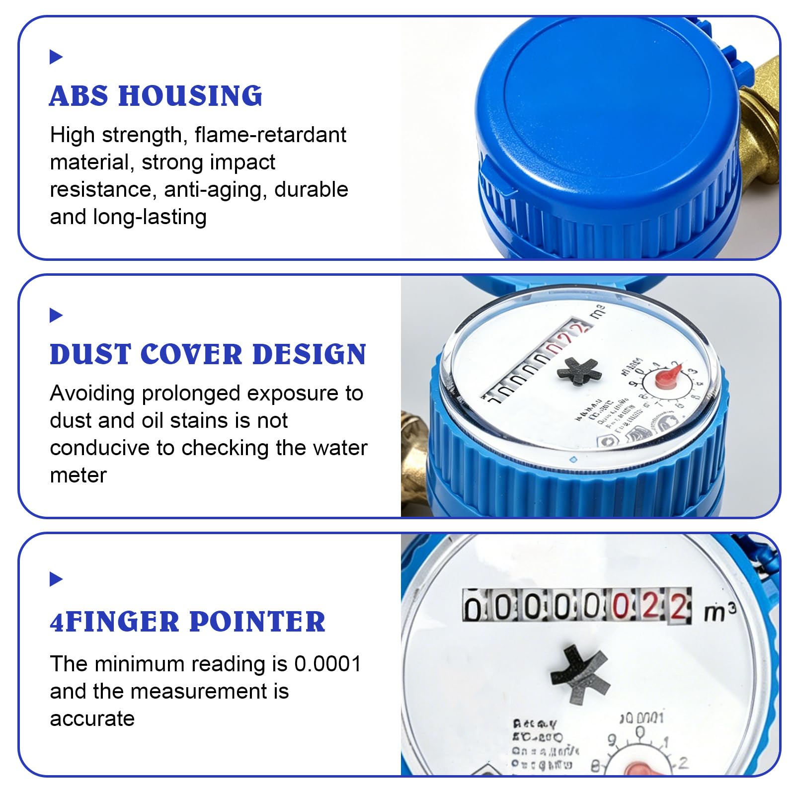 Compteur d'eau: 1/2 Pouce Horloge à Eau Froide, Compteur De Robinet avec Couvercle De Protection Et Connecteur en Laiton pour La Maison Le Jardin Et Un Usage Domestique (Bleu)