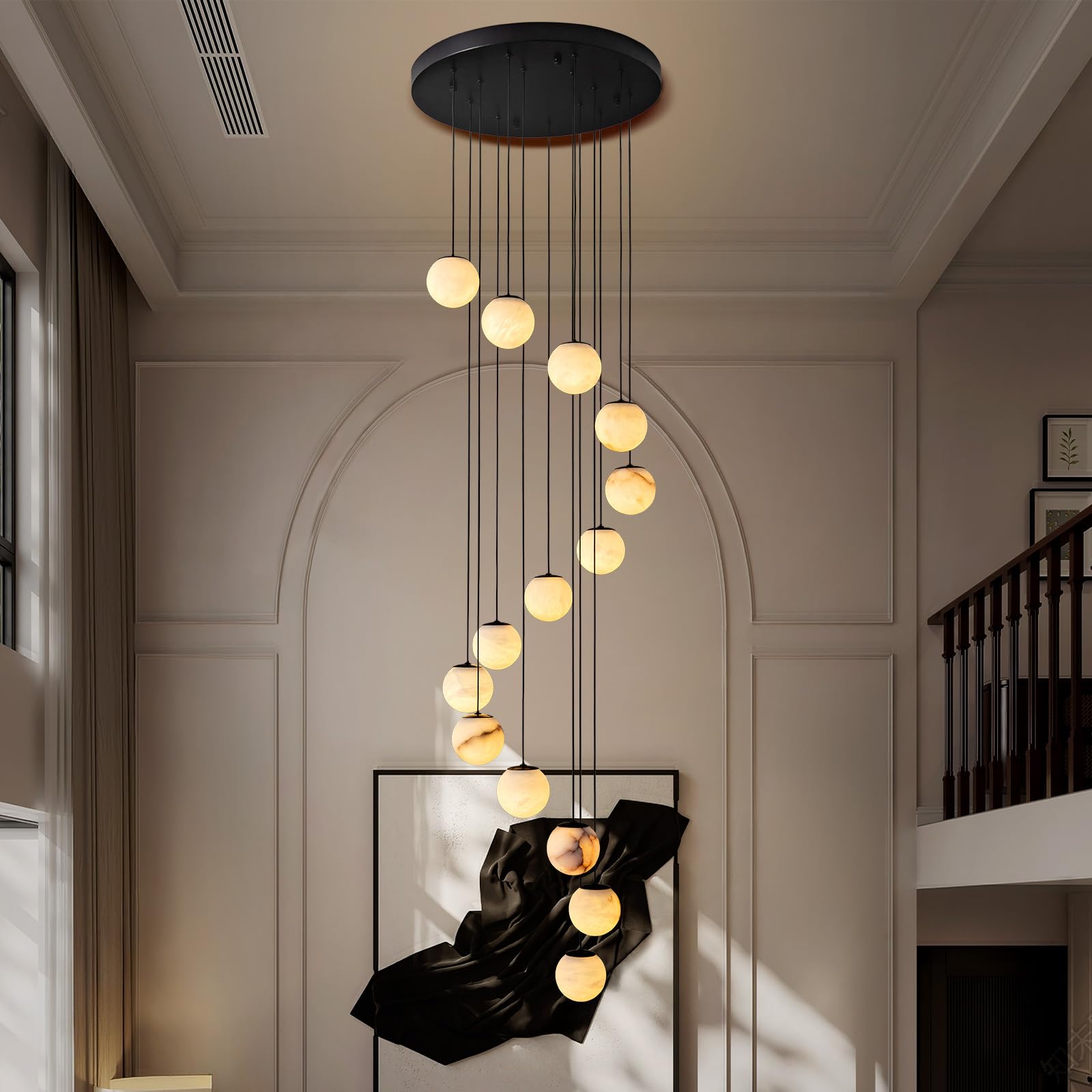 Black Alabaster Staircase Chandelier 14-Light Modern Marble Pendant Light for High Ceiling Foyer Luxury Statement Fixture for Entryway