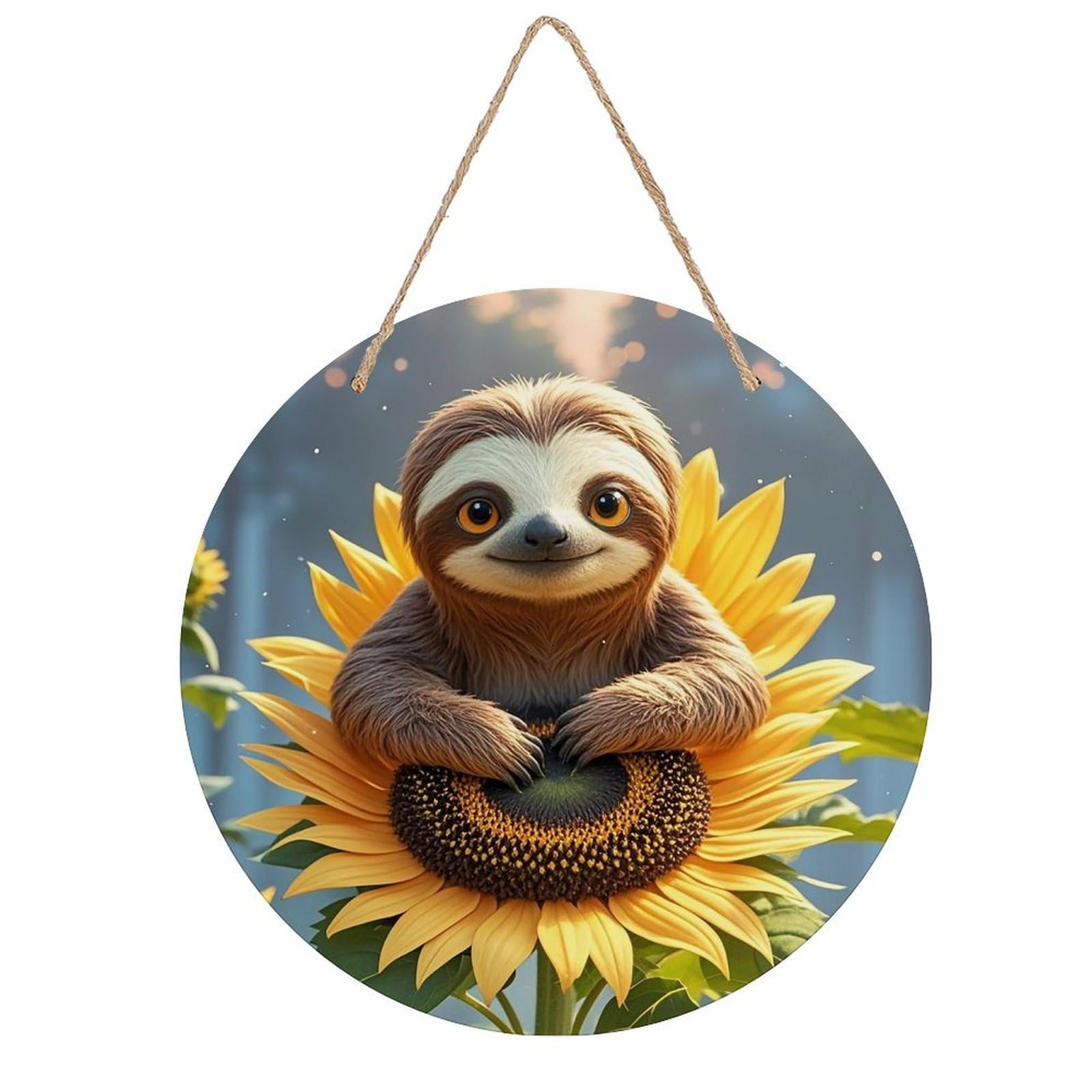 LZQPOEAS Cartoon Sloth Sitting on Sunflower Wall Art Decor Round Wood Hanging Sign Rustic Vintage Wooden Door Hanger with Ropes Decorative Plaque Welcome Sign for Home Indoor Outdoor, 7.9x7.9 in