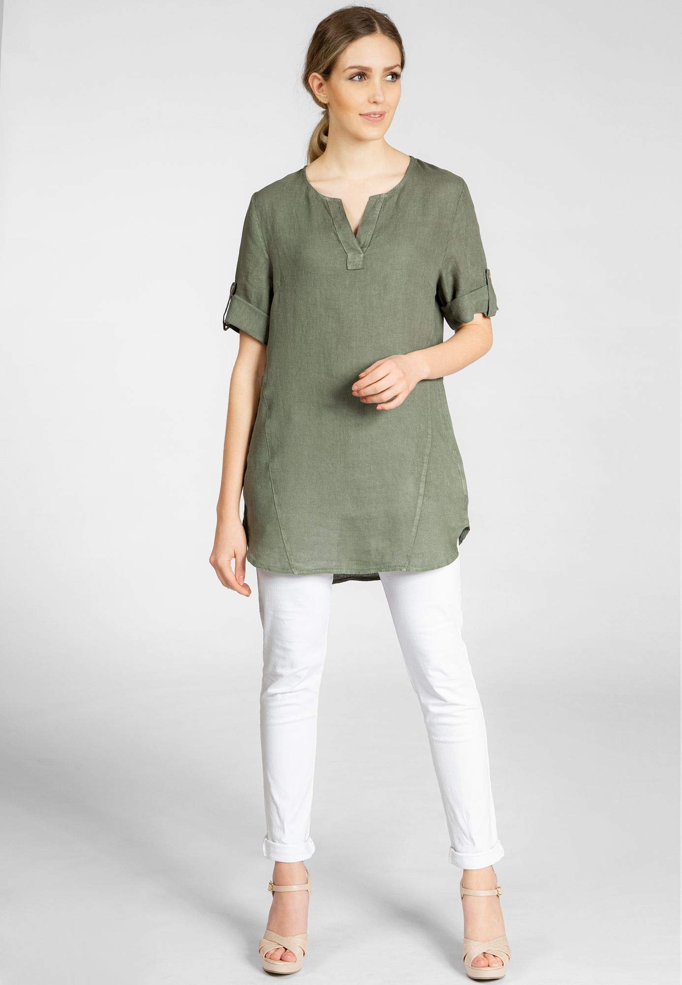 Caspar BLU023 Lange Elegante Damen Halbarm Sommer Leinen Longbluse