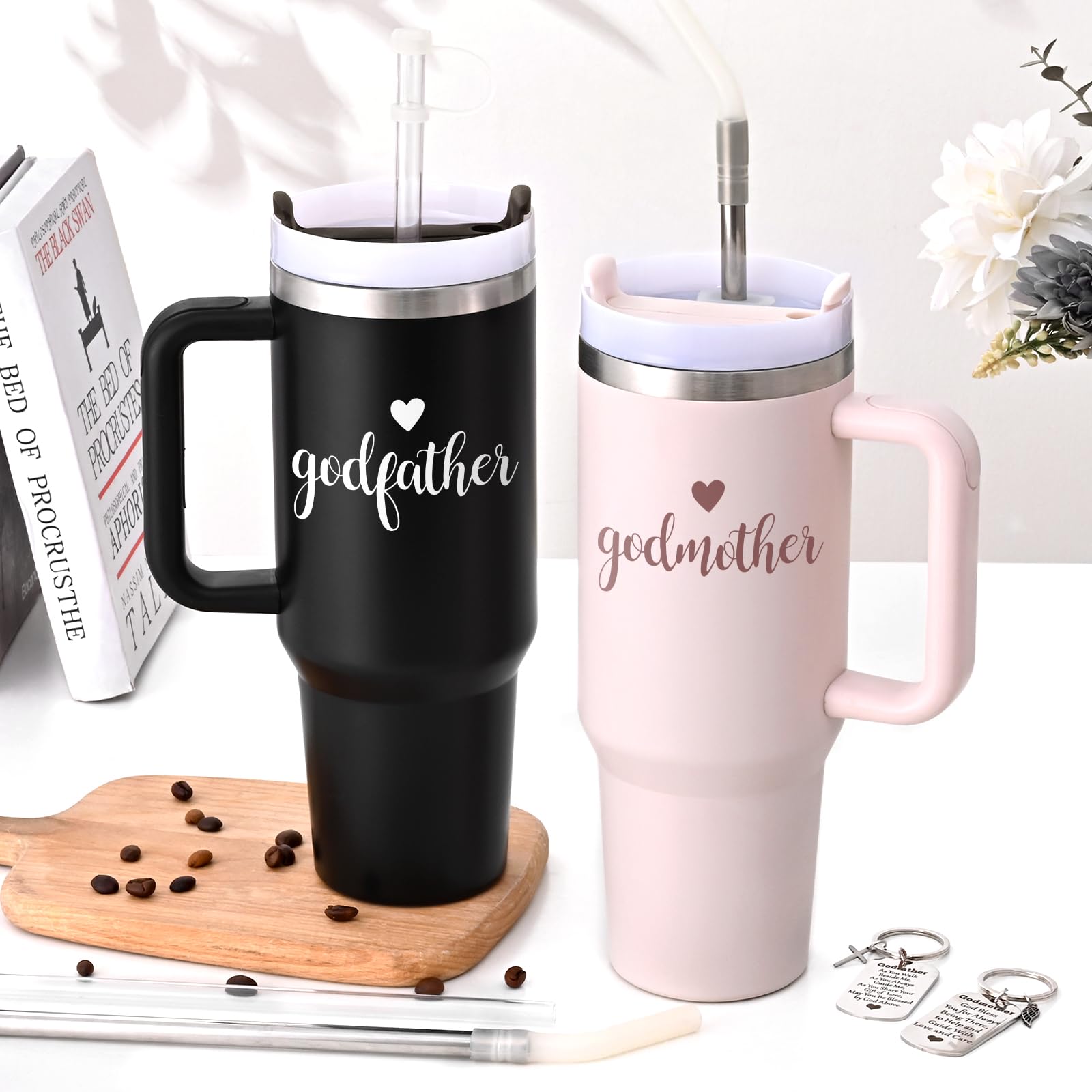 LiqCool Godparents Proposal Gift, 40 Oz Godmother and Godfather Set of 2 Tumblers, Godparents Christening Gifts Ideas from Godchild, Best Christmas Birthday Gifts for Godparents(Black & Pink)