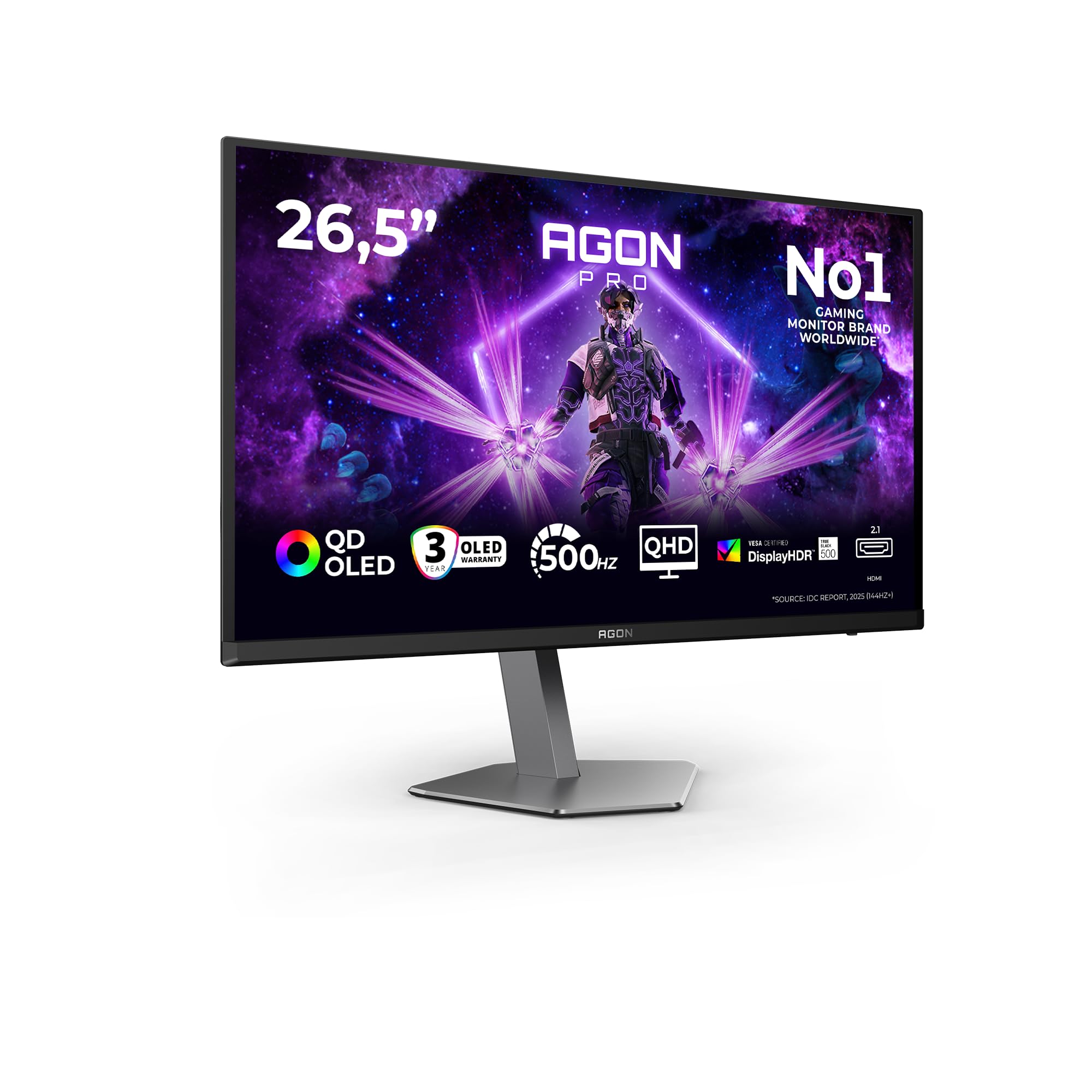 AOC AG276QKD2 26.5 inch WQHD Monitor 500Hz, QD-OLED Panel, 0.03ms GtG, Adaptive Sync, HDR500 TrueBlack, G-Sync Compatible, Height Adjustment, Speakers, (2560x1440 HDMI 2x 2.1 DP 1x 2.1 USB Hub) Black