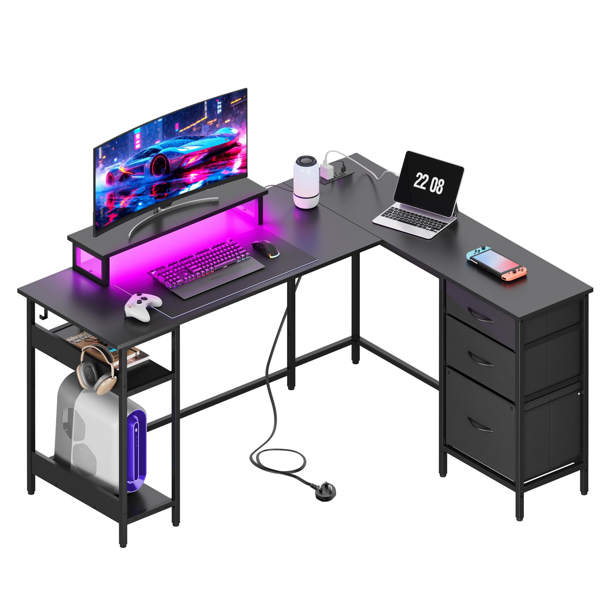 DEVAISE 140×118cm Gaming Desk, Corner Desk with Drawer, for Home Office, Black