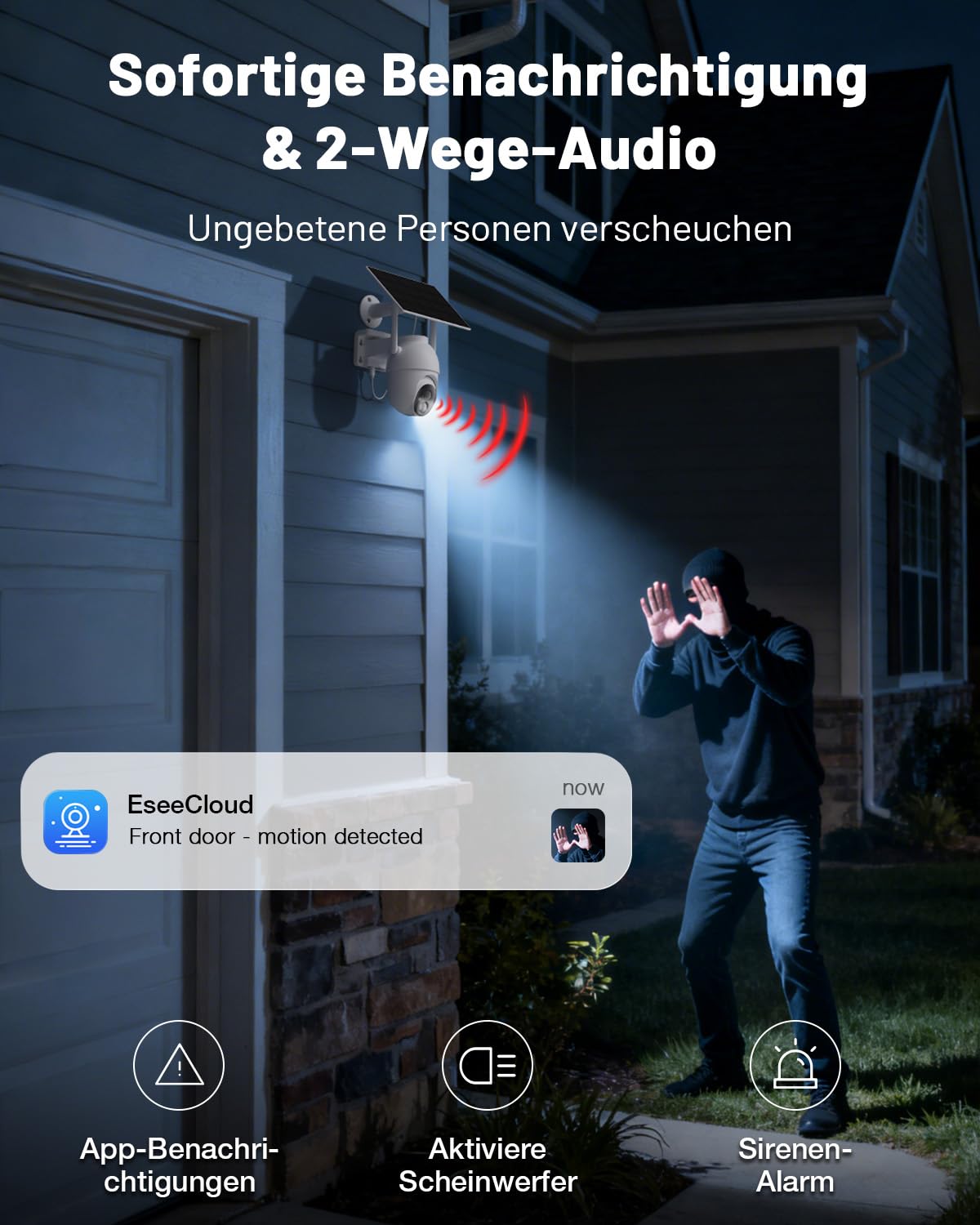 2K Überwachungskamera Aussen Akku Solar, 4-Cam-Kit mit Basisstation, 360° PTZ Kabellos Kamera mit 32G Lokaler Speicher, Keine Gebühren, KI-Erkennung, Farbe Nachtsicht 2 Wege Audio, 5G/2,4G WLAN